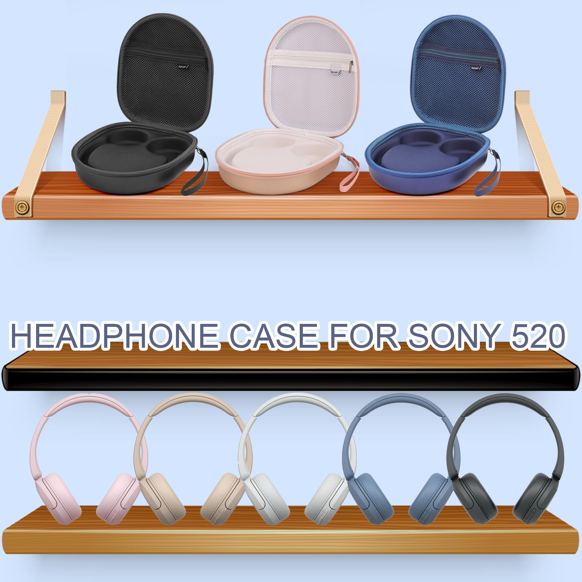 Perfcaze Headphone Case for Sony WH-CH520 Wireless Headphones, Hard EVA Over Ear Headphone Protective Case with Mesh Pocket Storage Cable Blue