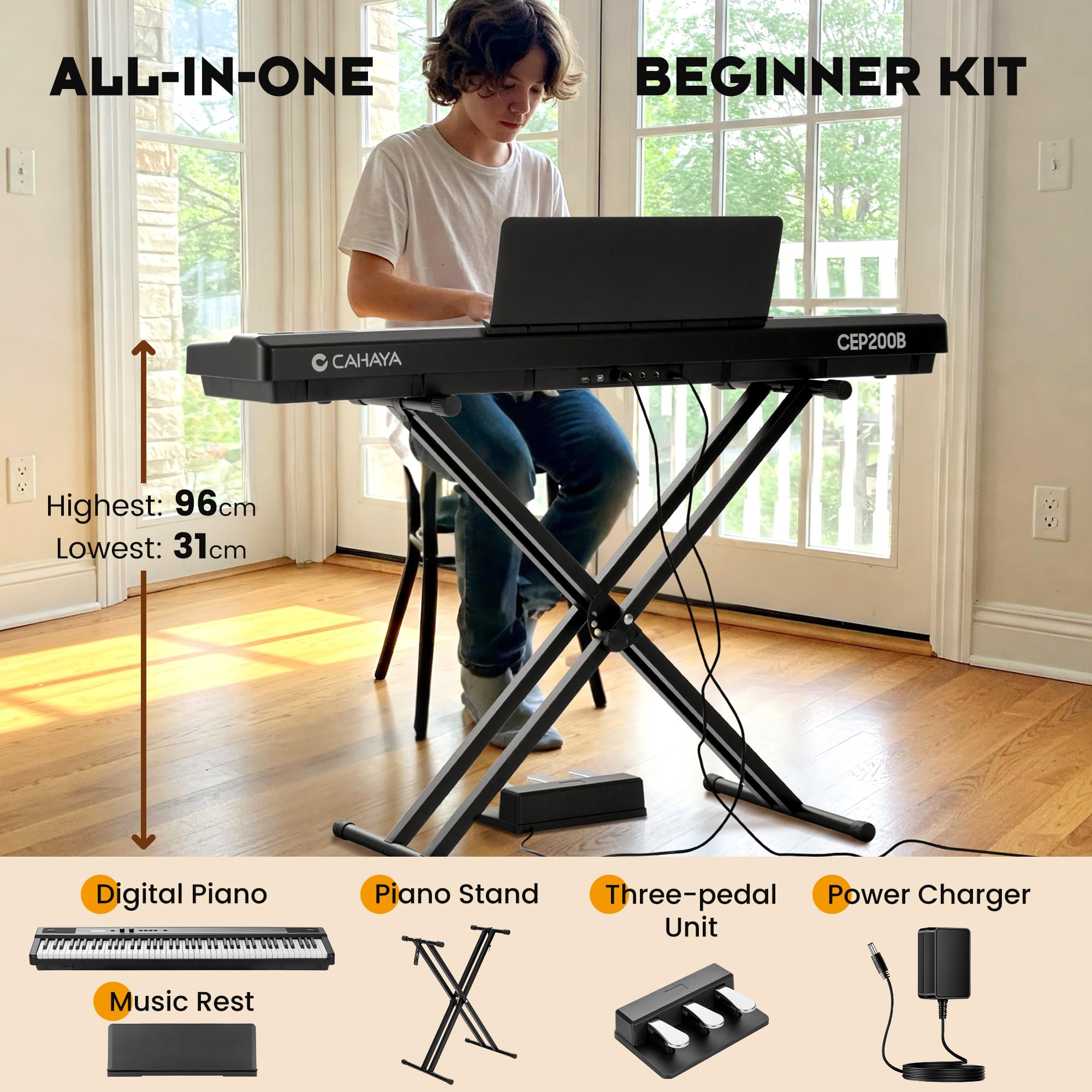 CAHAYA Pianoforte Digitale a 88 Tasti – Piano Elettrico Semipesato per Principianti con Supporto a Doppia X, 3 Pedali e Leggio