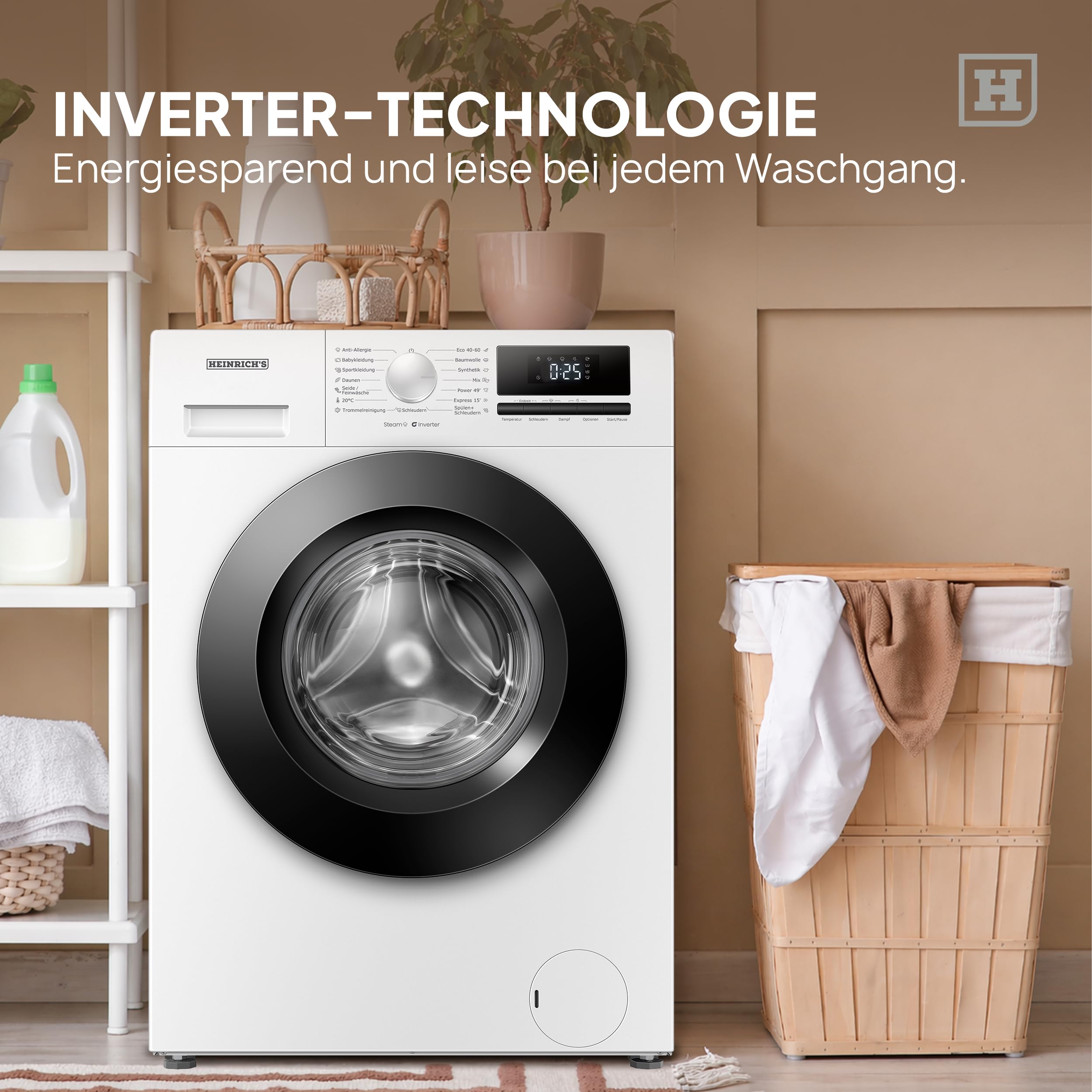 HEINRICHS Waschmaschine mit Dampffunktion, 9kg, 1400 U/min, Inverter Motor, Energieklasse A, weiß