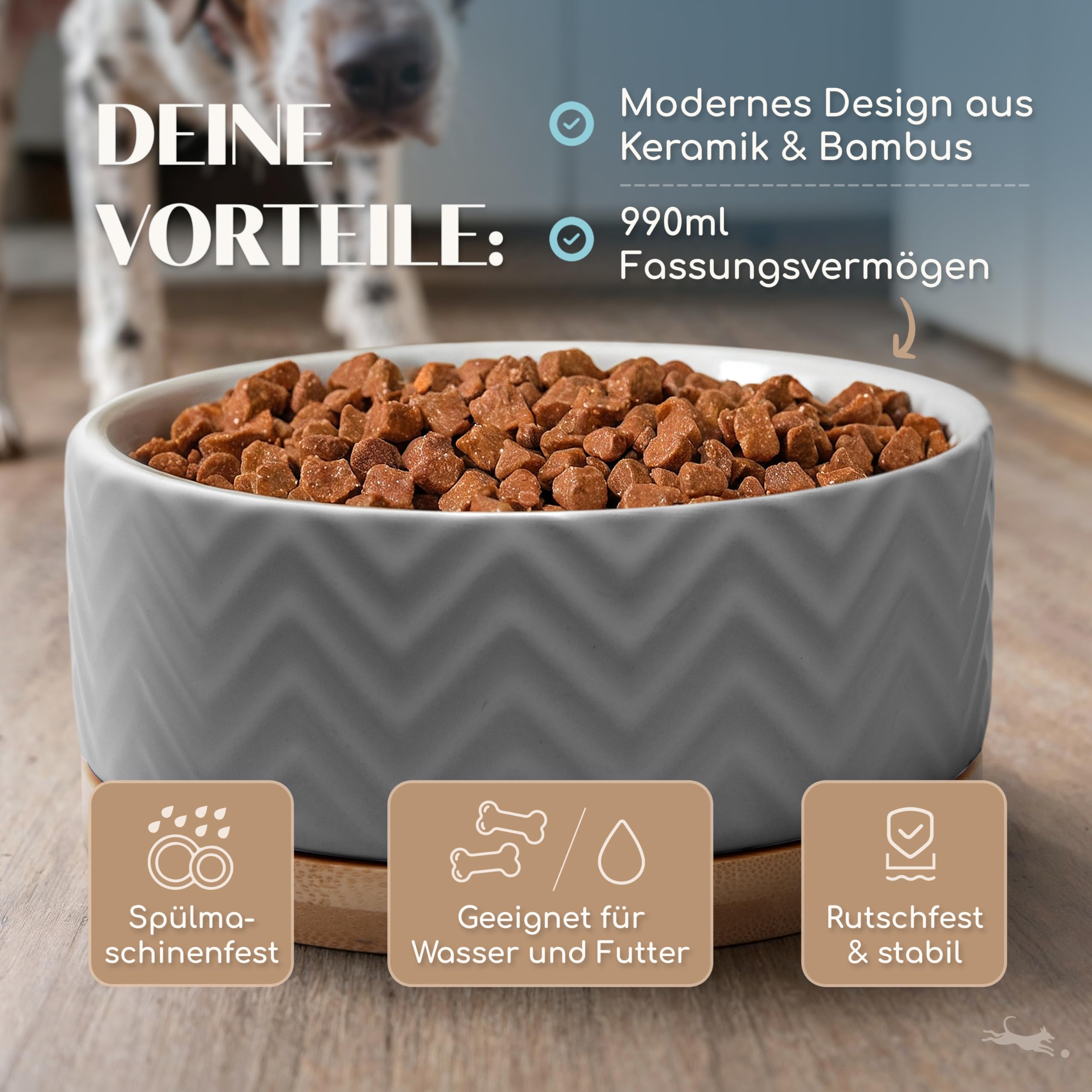 Ciotola Per Cani In Ceramica 990 Ml Con Fondo In Bambù – Antiscivolo, Lavabile In Lavastoviglie, Per Cani Grandi E Piccoli (bianco)