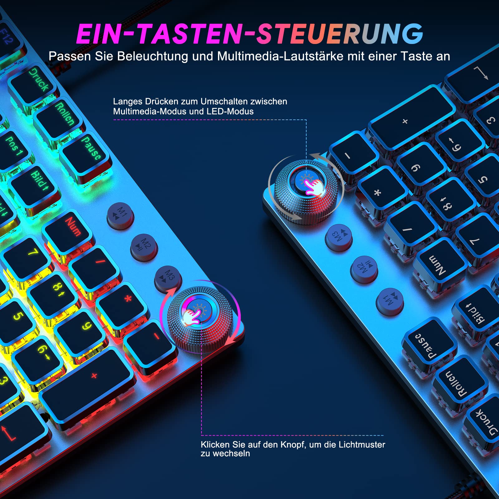 TECURS Mechanische Gaming Tastatur mit Magnetischer Handgelenkauflage & Red Switches, Beleuchtete QWERTZ Kabelgebundene Tastatur, 105 Tasten mit Anti-Ghosting & Multimedia-Drehregler für PC/PS5/PS4
