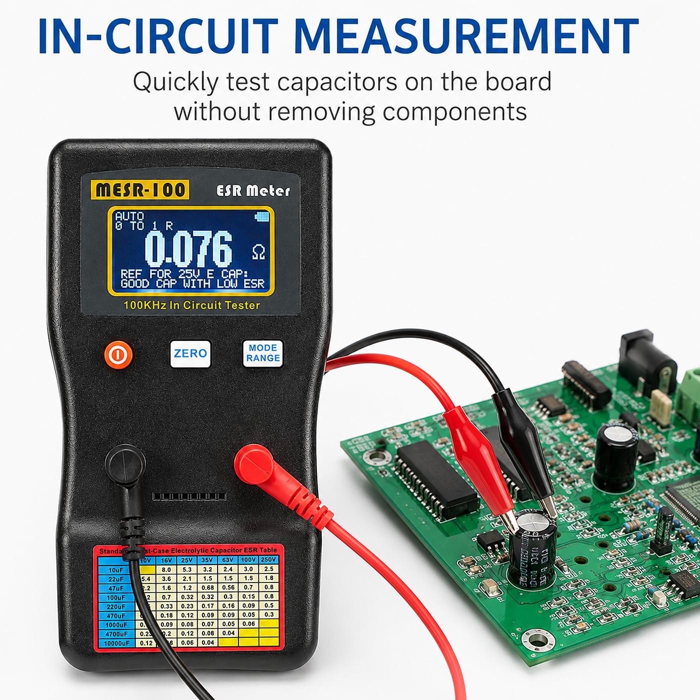 MESR-100 Digitales ESR Messgerät, Automatische Bereichswahl 0,001R Bis 100R Schaltung Widerstand/Kapazitätstester Ohmmeter Hintergrundbeleuchtung Doppelanschluss, Für Reparatur Tv/Lcd/Audioplatine