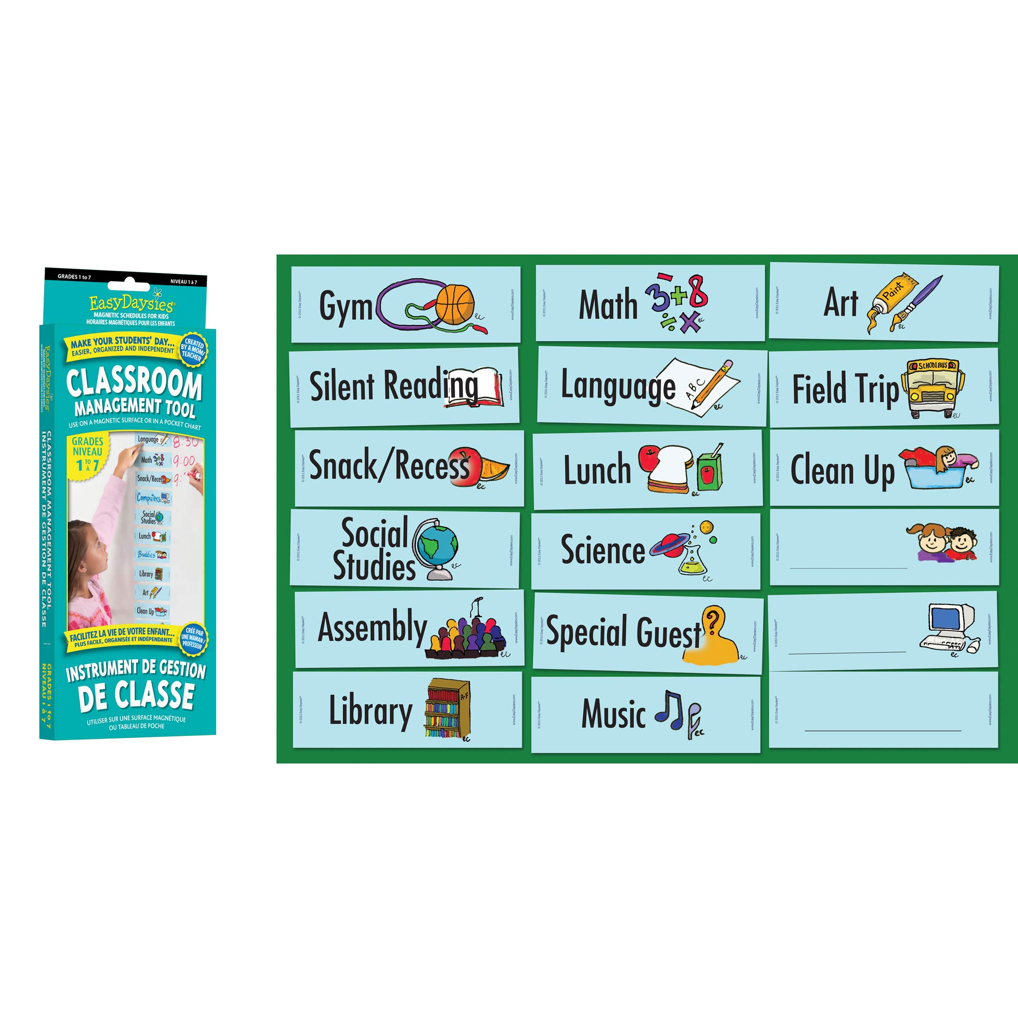 Visual Schedule Teacher Planner for Grades 1-7 –Magnetic Picture Cards for Age 3yrs+ - 18 Magnet labels, 3 Blank Dry Erase Cards - Pocket Chart for Classroom Schedule Board and Homeschool Planner