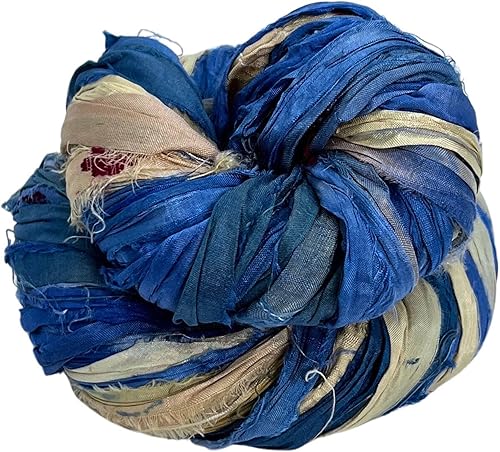 DARN GOOD YARN Hilo reciclado de cinta de seda Sari "at The Bahamas" teñible 3.53 onzas, 50 yardas, 1 madeja hecha a mano única