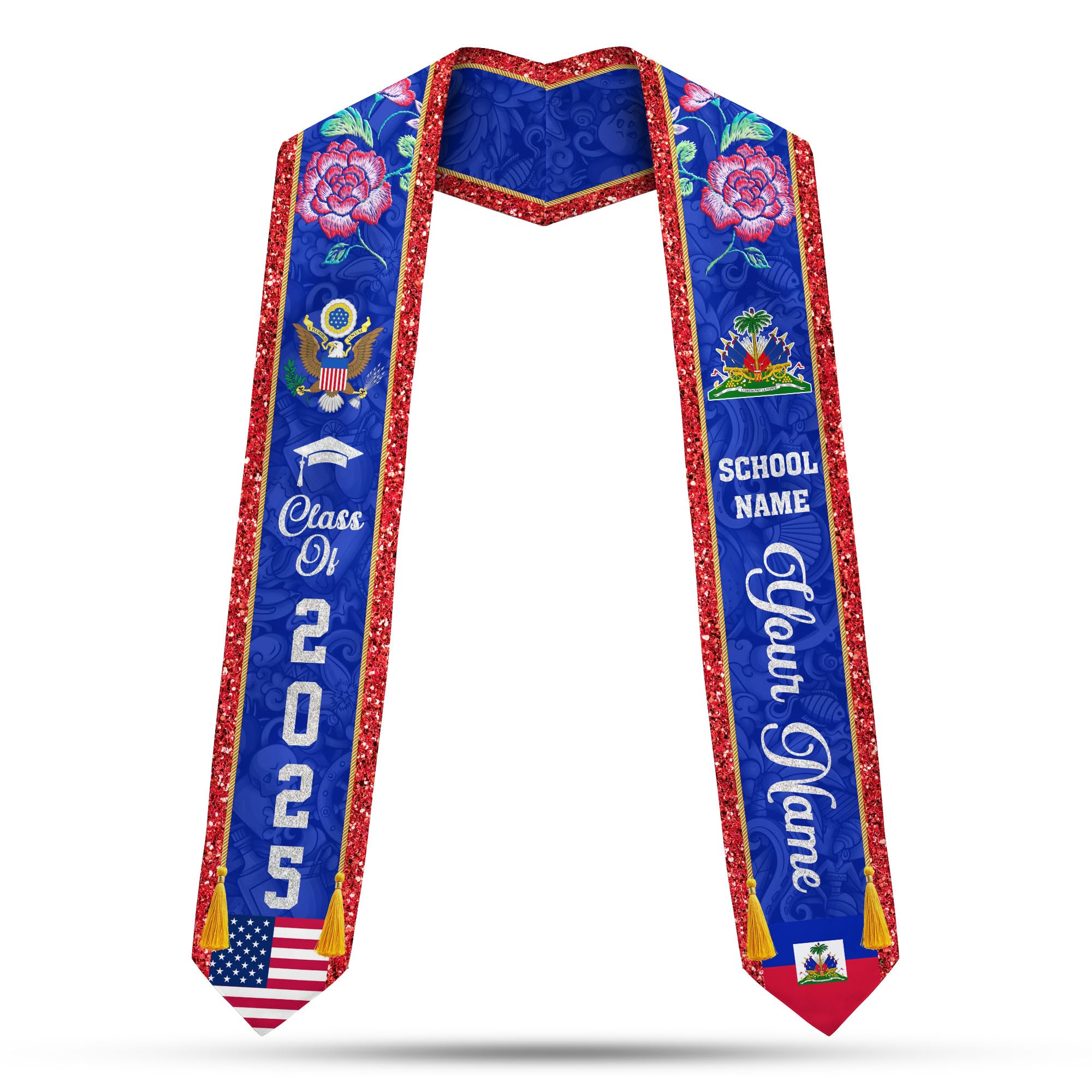 MonkeyVan Custom Haitian Graduation Sash 2025,Personalized Haiti Flag Graduation Stole,Haitians American Flag Graduation Sash S38