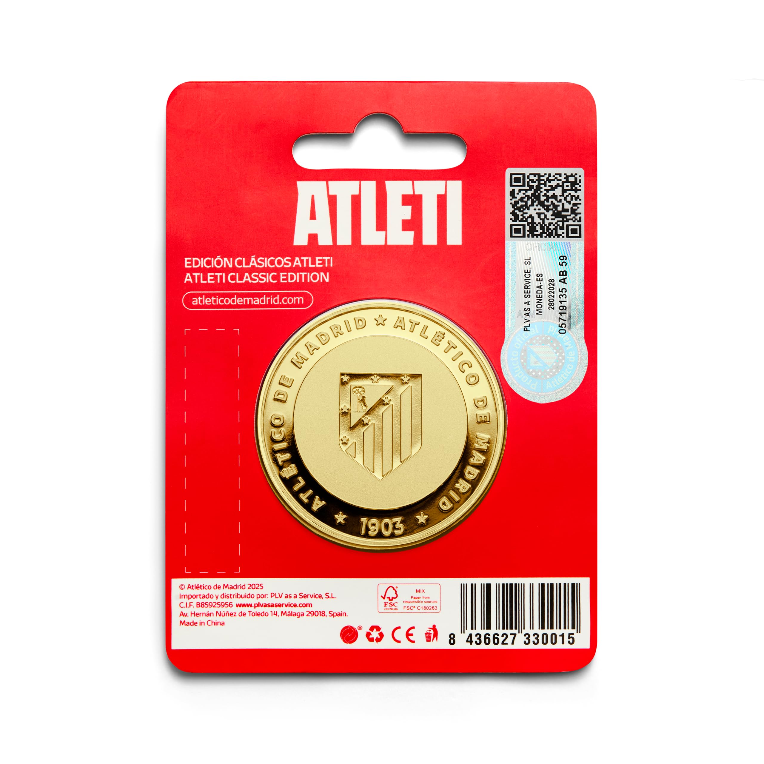 Moneta da Collezione Ufficiale dell'Atlético de Madrid, Edizione Speciale Indy, placcata in Oro, Lega Metallica, Diametro 40 mm, Spessore 3 mm, con Capsula Protettiva