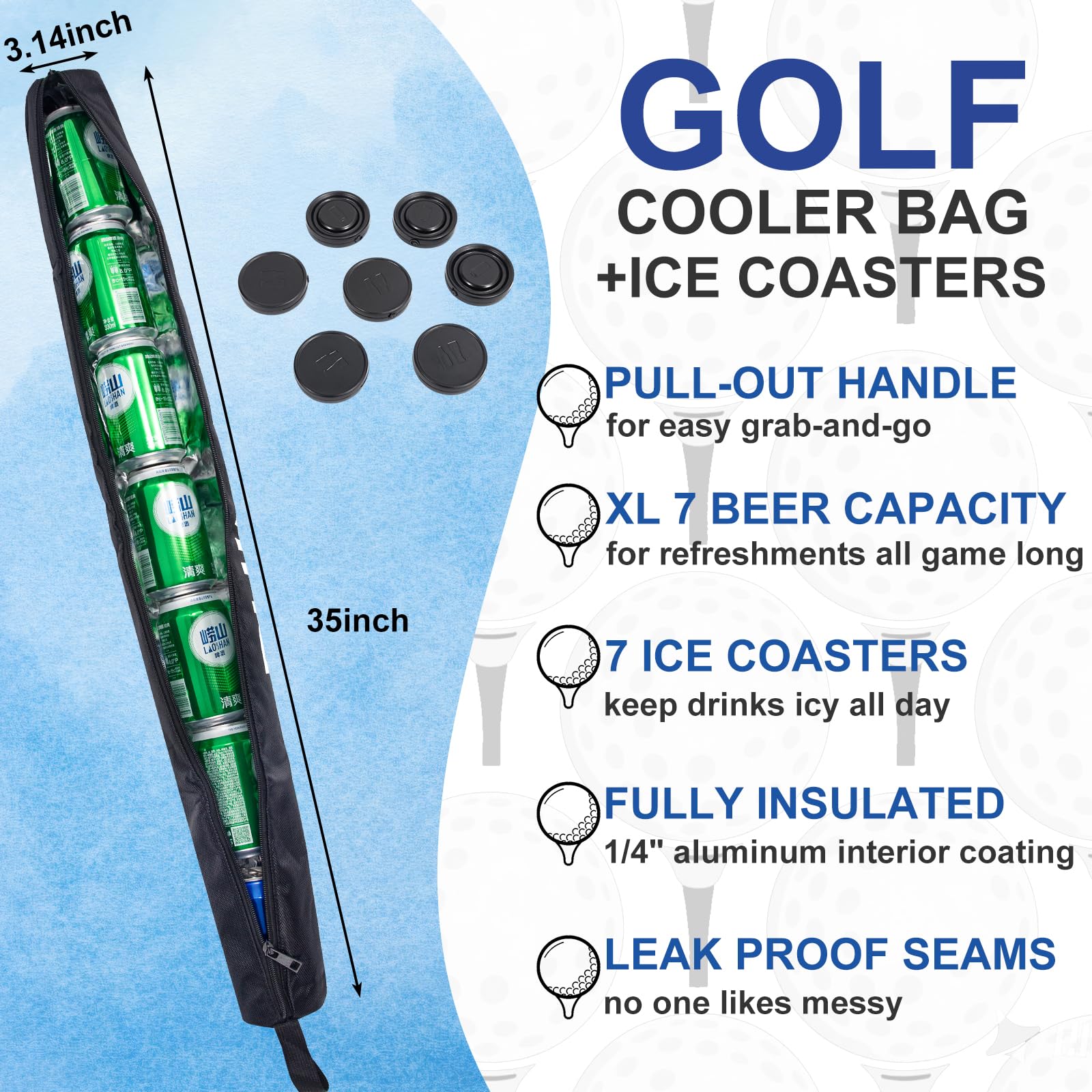 Golf-Bierhülle mit 7 Eispucks, isolierter Golftaschenkühler für 7 Dosen, auslaufsichere Reißverschlussschlinge, Bierhülsen, einzigartiges Golfzubehör, Golfgeschenke für Männer