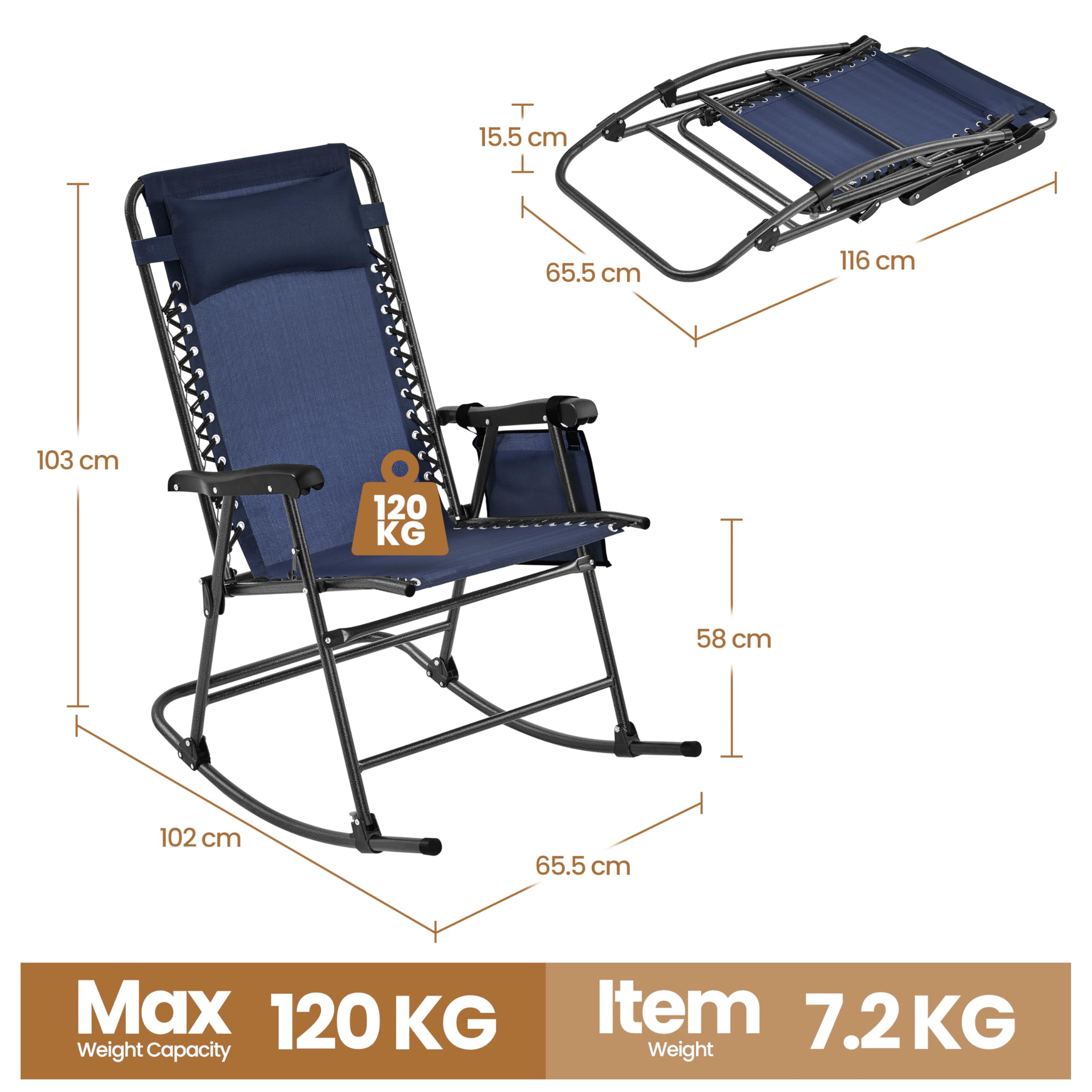 Yaheetech Mecedora Balancín Plegable Carga 120KG con Reposabrazos y Apoyo para Cabeza 102x65,5x103 cm para Exterior Acampar Porche Balcón (Azul Marino)