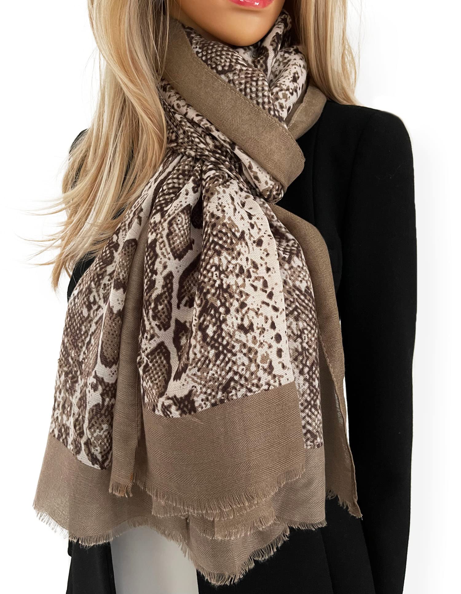 The Accessory Co. Women's Beige Snakeskin Scarf For Leopard Print Stripe, Animal Shawl Wrap, Lightweight Scarves, Mustard Yellow Orange Blue Pink Grey (Beige) Large
