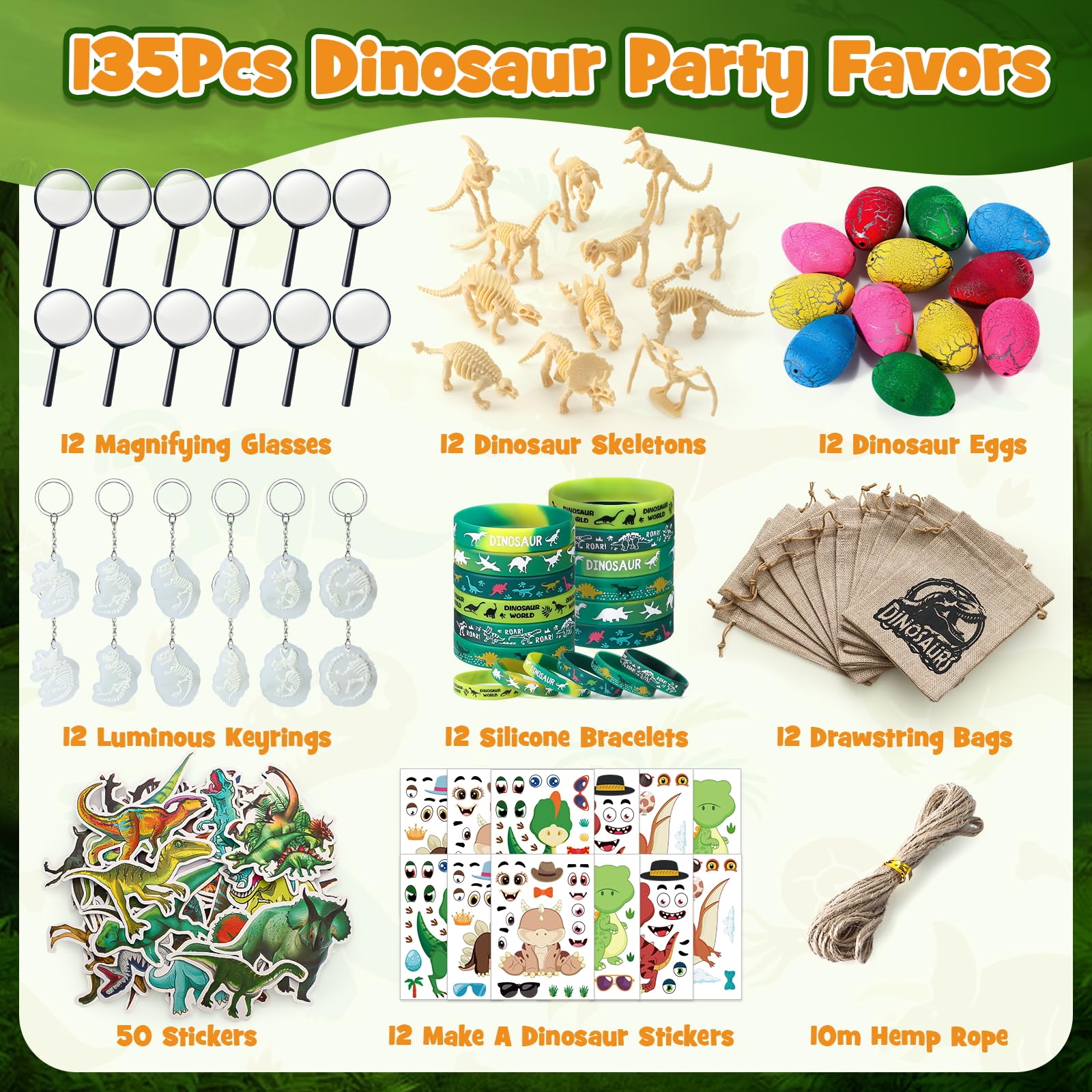 SNLN Dinosaurier-Partygeschenke für Kindergeburtstag, Lupe, leuchtender Schlüsselanhänger, Dino-Ei, Aufkleber, Dinosaurier-Partyzubehör mit Skelett-Spielzeug, Silikon-Armband und Geschenktüte