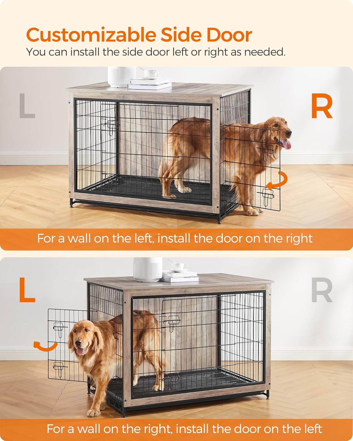 Feandrea 44.1" Dog Crate Furniture, Indoor Dog Cage Side End Table, XL Pet Wood Kennel for Large and Medium Dogs up to 80 lb with Multi-Purpose Removable Tray, Double-Door Pet House, Greige