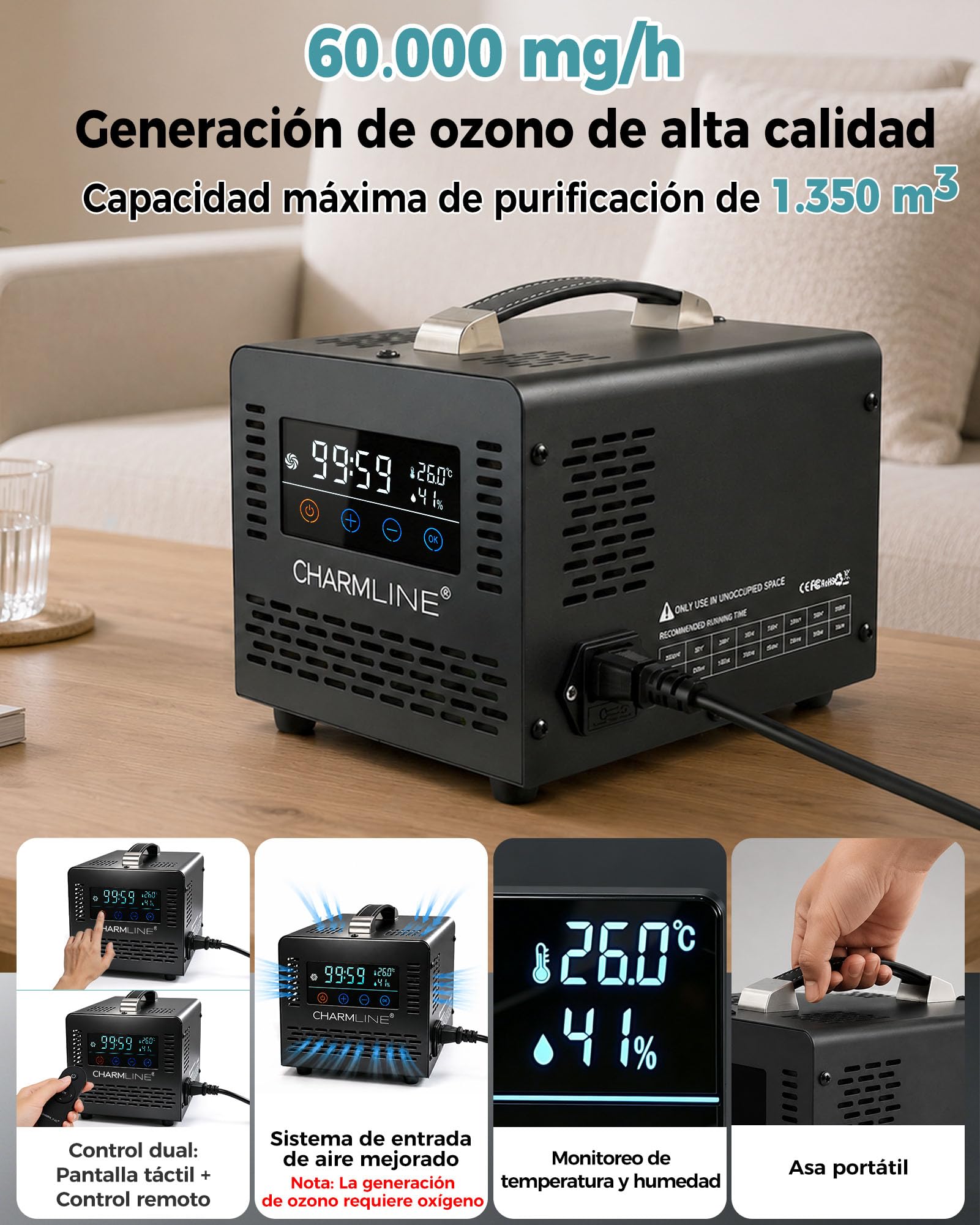 Charmline generador de ozono inteligente para eliminar olores en habitaciones, coches, zonas para mascotas y sótanos, professional ozone machine con mando a distancia, 60.000 mg/h, Negro