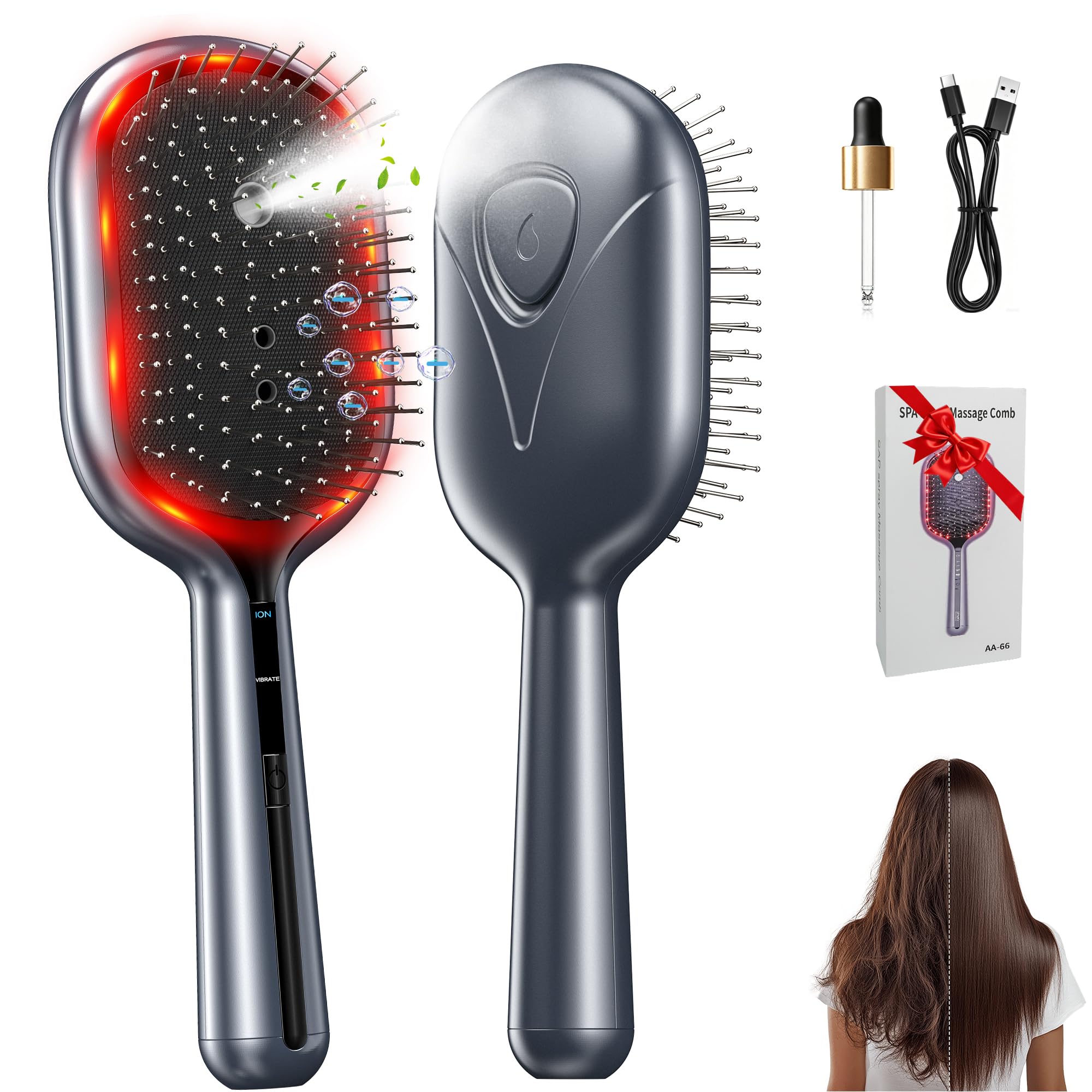 Spazzola a Vapore Capelli | Multifunzionale spazzola lisciante per capelli | 5M ioni Negativi, Massaggio, Luce Rossa 630‑650 nm, Vapore, Setole Antistatiche Cuscinetto Aria, Districante Delicato