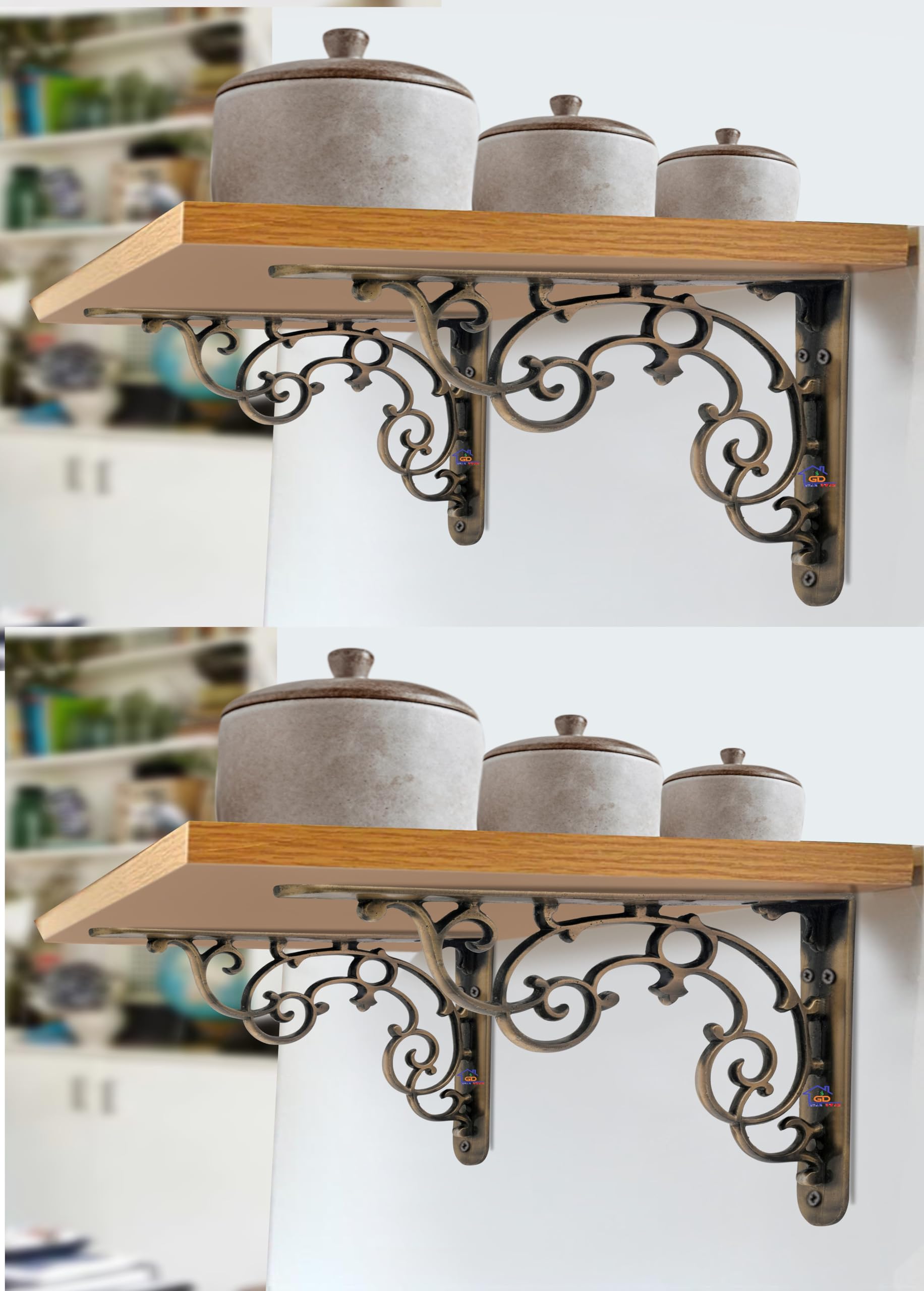 Metal Handcrafted Shelf Bracket for Floating Shelves L Angle Decorative Corner L Shaped Brace Joint Heavy Duty Wall Mounted Shelf Supporter Corner Brace Holder (Pack of 4, Brass Antique)