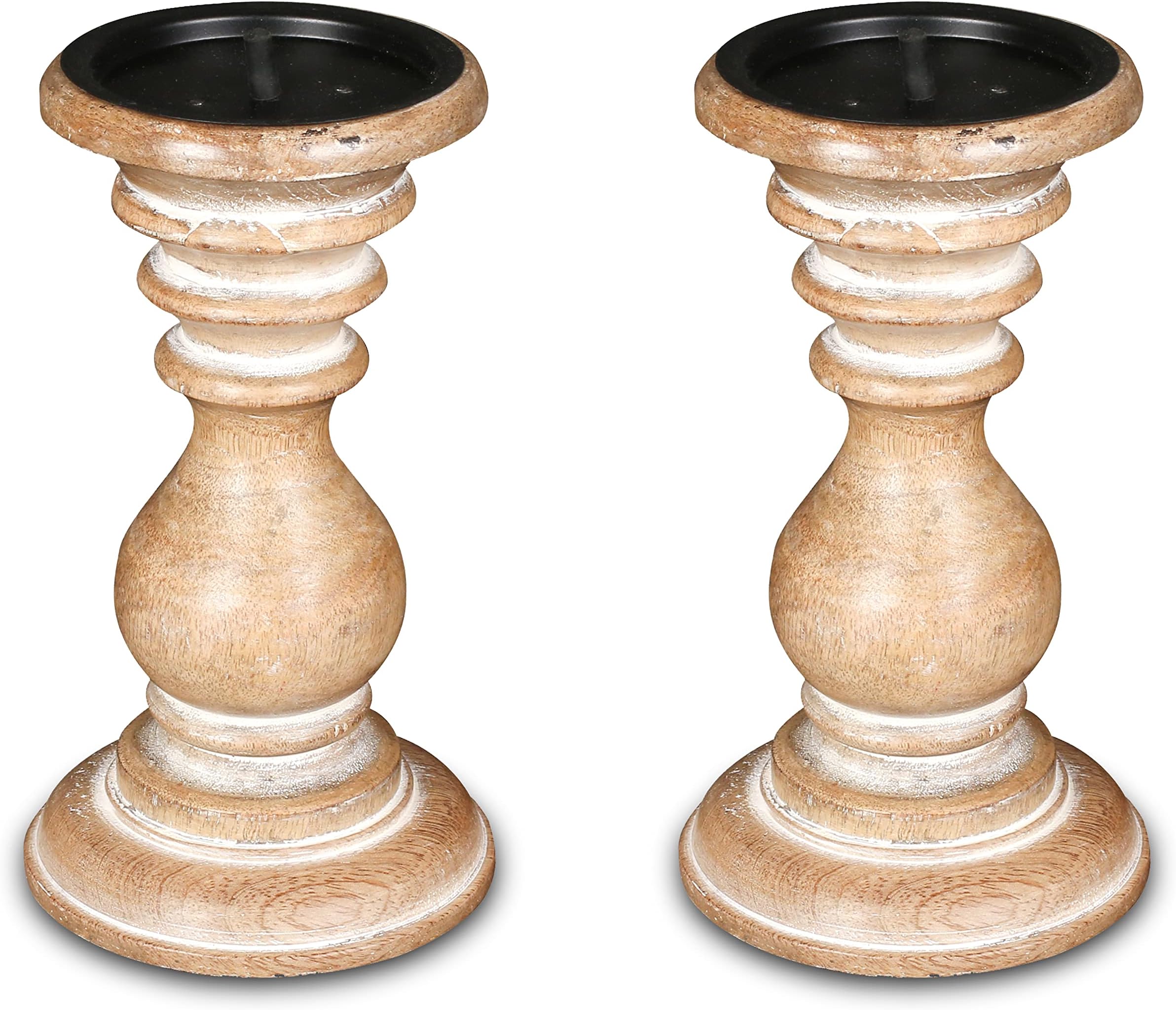 Wooden Candle Holders (Set of 2) - Tall Farmhouse Pillar Stands, Rustic Home Decor, Antique Wood Vintage Style Candle Holders Set - 8 Inch White Wash