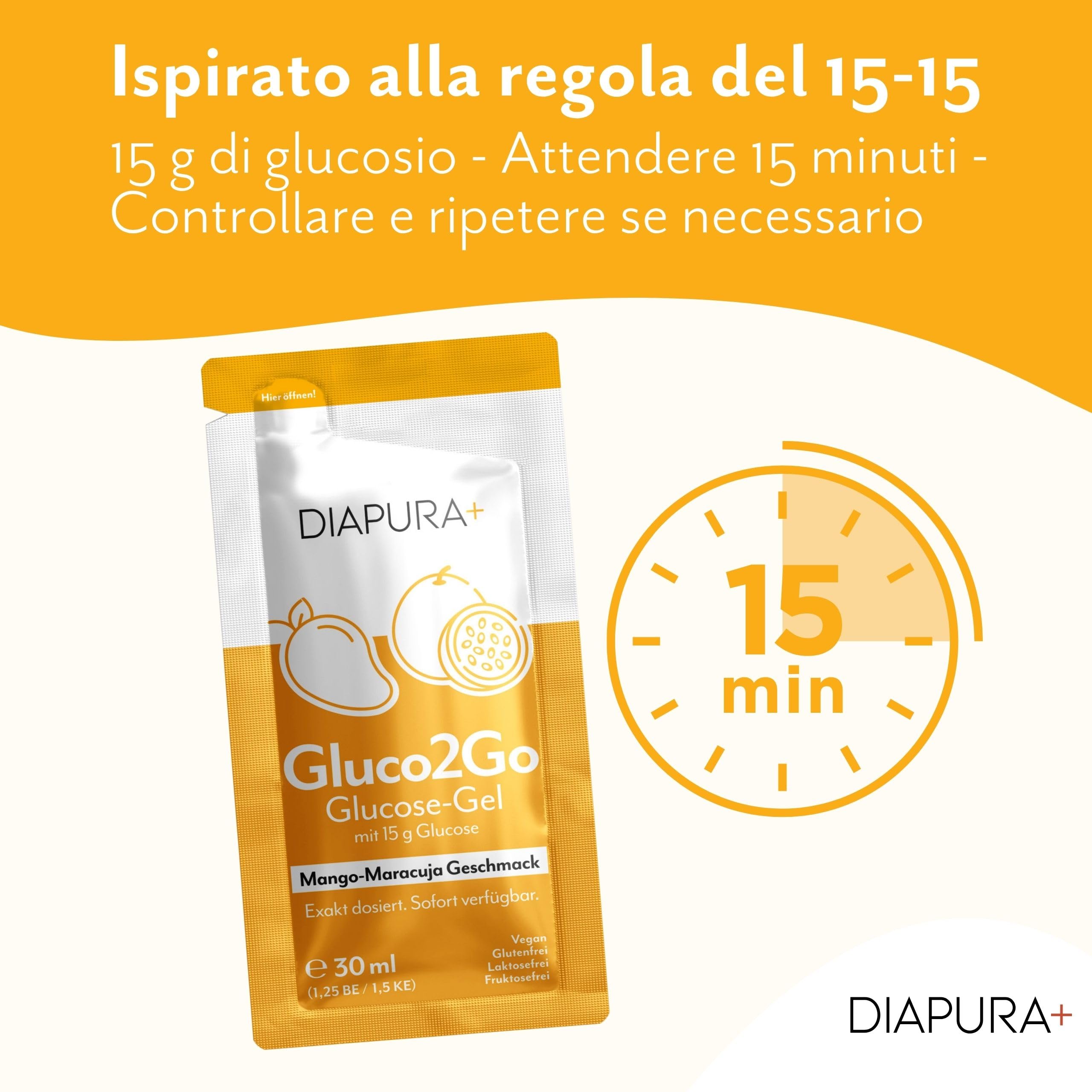Gluco2Go Gel di glucosio, 15 g di glucosio per porzione, 12 x 30 ml | Glucosio liquido, pronto all'uso, bustine monodose, regola 15-15 per l'ipoglicemia, gusto Mango-Maracuja, Made in Germany
