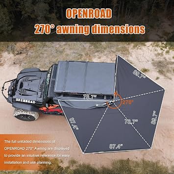 OPENROAD 270 Awning Free Standing for Camping Driver's Side UV Protection, Waterproof, Durable Alloy Frame, 3 LED Lights, Quick & Easy Installation, Ideal for SUVs, Off-Road Vehicles, and More.
