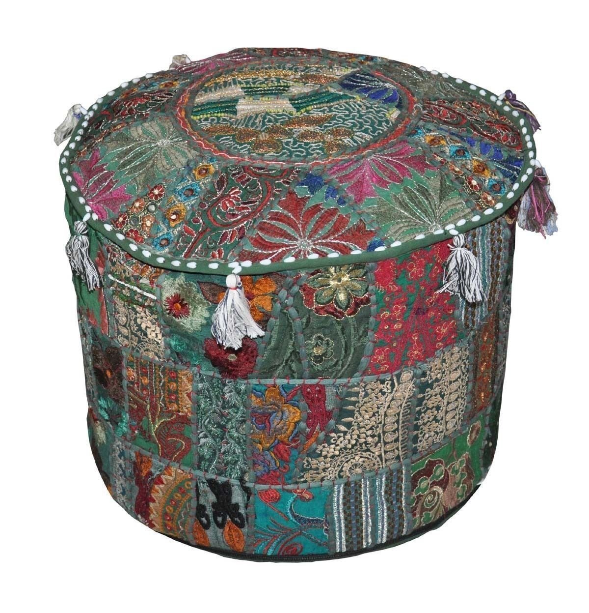 Indian Ottoman Patchwork Pouf Cover, Handmade traditional Pouf Cover Embroidery Work Foot-Stool