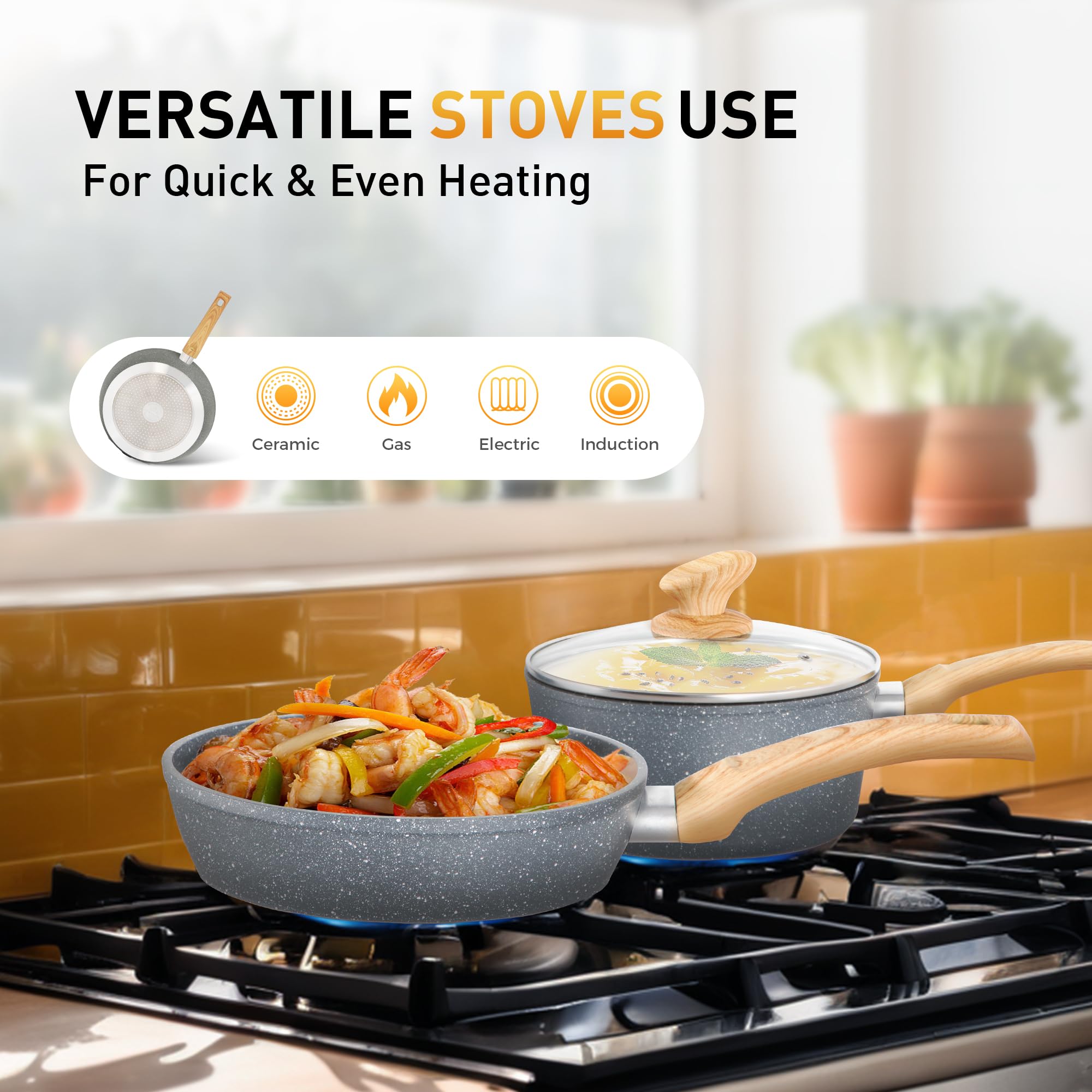 DishDelight Induktions-Kochgeschirr-Set mit Grillplatte 17-teiliges Induktions Töpfe Set Topf und Pfannenset mit Deckel Granit Antihaftbeshichtung Topfset Kochtopf