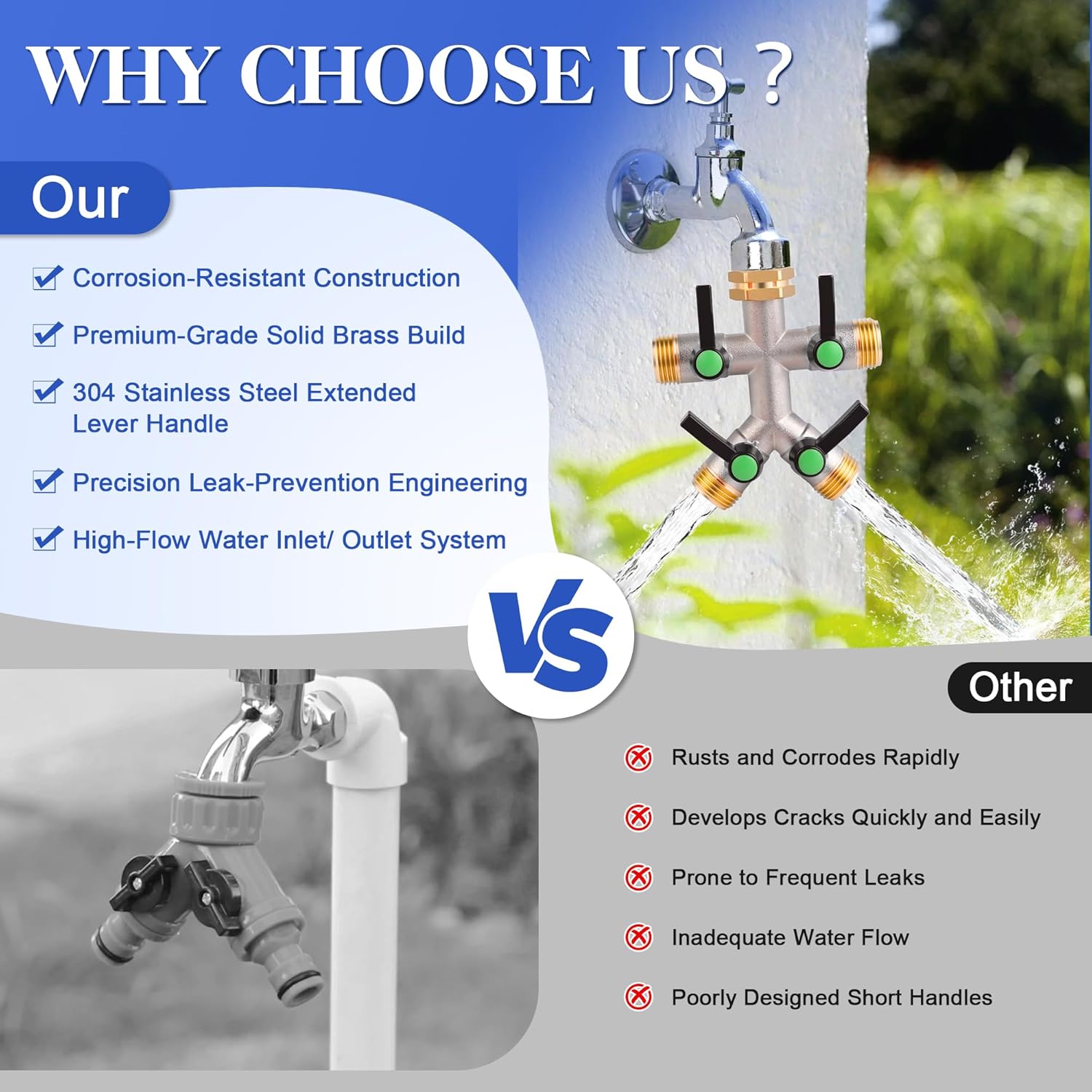 EJW Hose Splitter 4 Way, Garden Hose Splitters, 4 Way Faucet Splitter, Water Spigot Splitter, RV Brass Hose Splitter,Heavy Duty Garden Hose Splitter, Hose Valve 3/4 Inch GHT Thread.