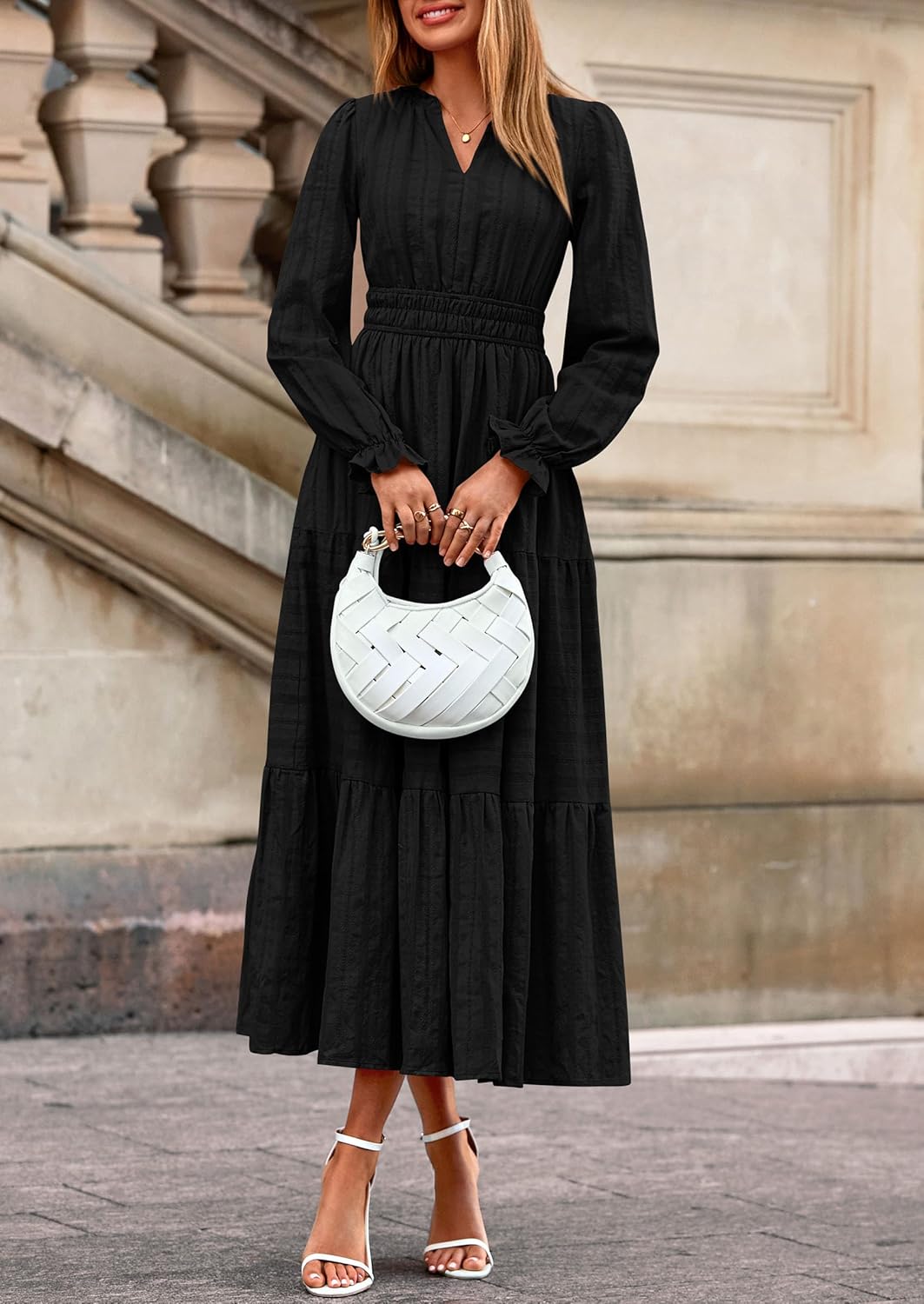 PRETTYGARDEN Women's 2026 Fall Wedding Guest Dresses Long Sleeve V Neck Flowy Elegant Holiday Party Maxi Dress with Pockets - Image 5