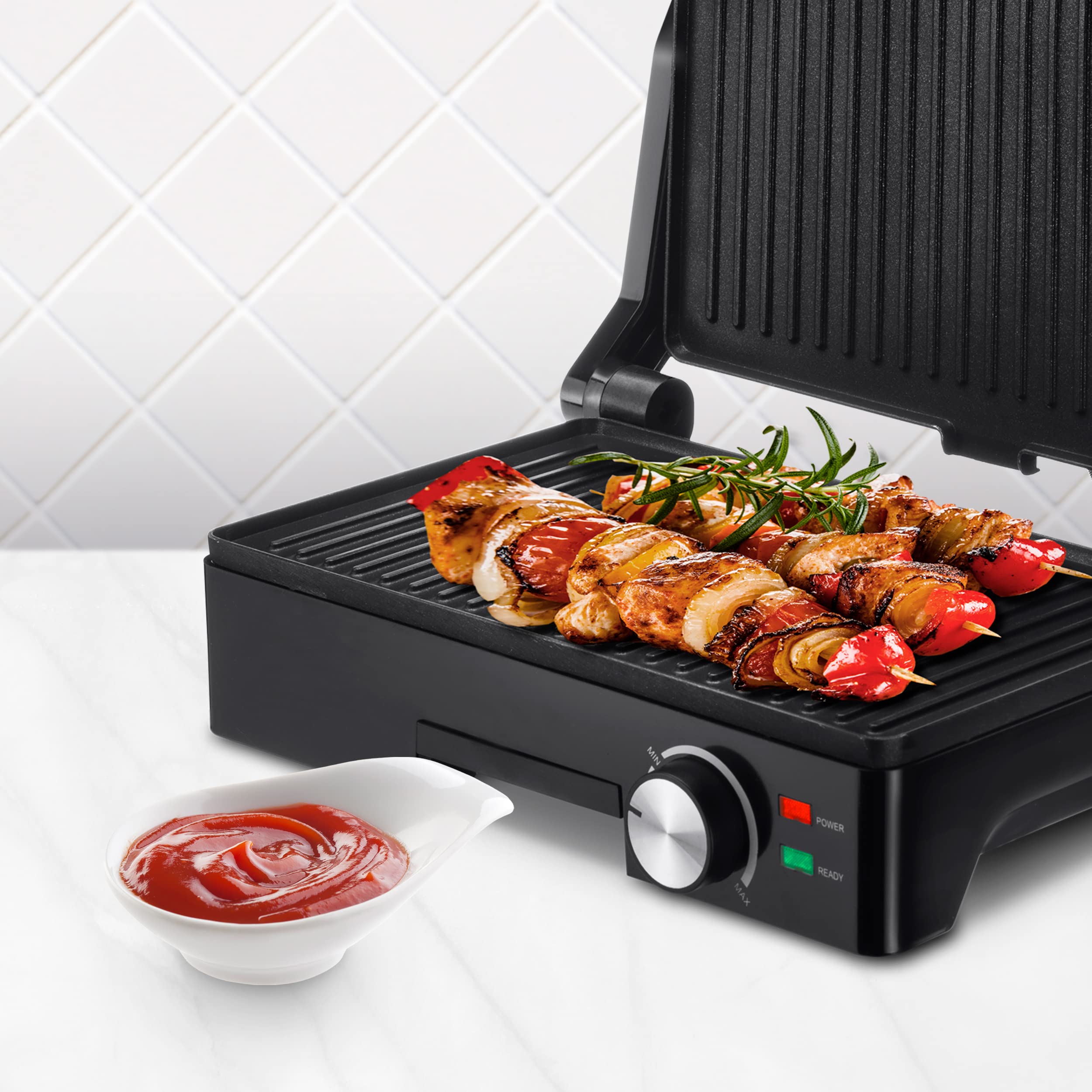 Ufesa Teide Parilla Eléctrica, Panini Press Grill, 1600W, Placas Antiadherentes, Apertura 180º, Regulador de Temperatura, Asa Toque Frio, Negro