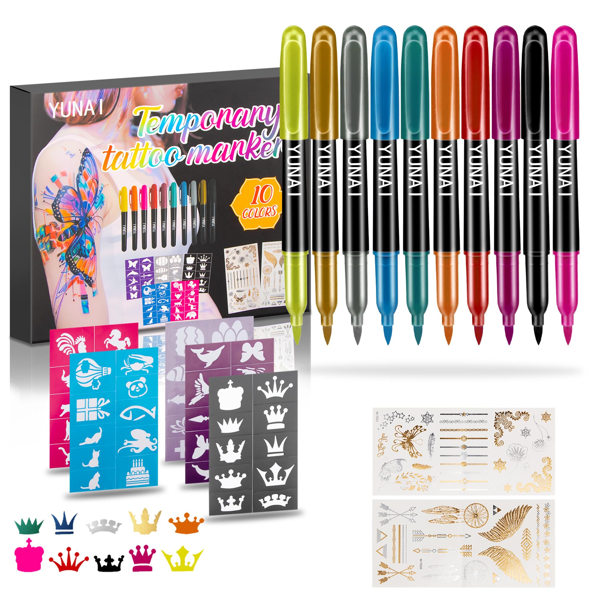 YUNAI Temporary Tattoo Markers for Skin, Pen Kit with 10 Body Pens, 5 Stencils, 2 Stickers for Adults, Fine Tip, Assorted Bright Colors
