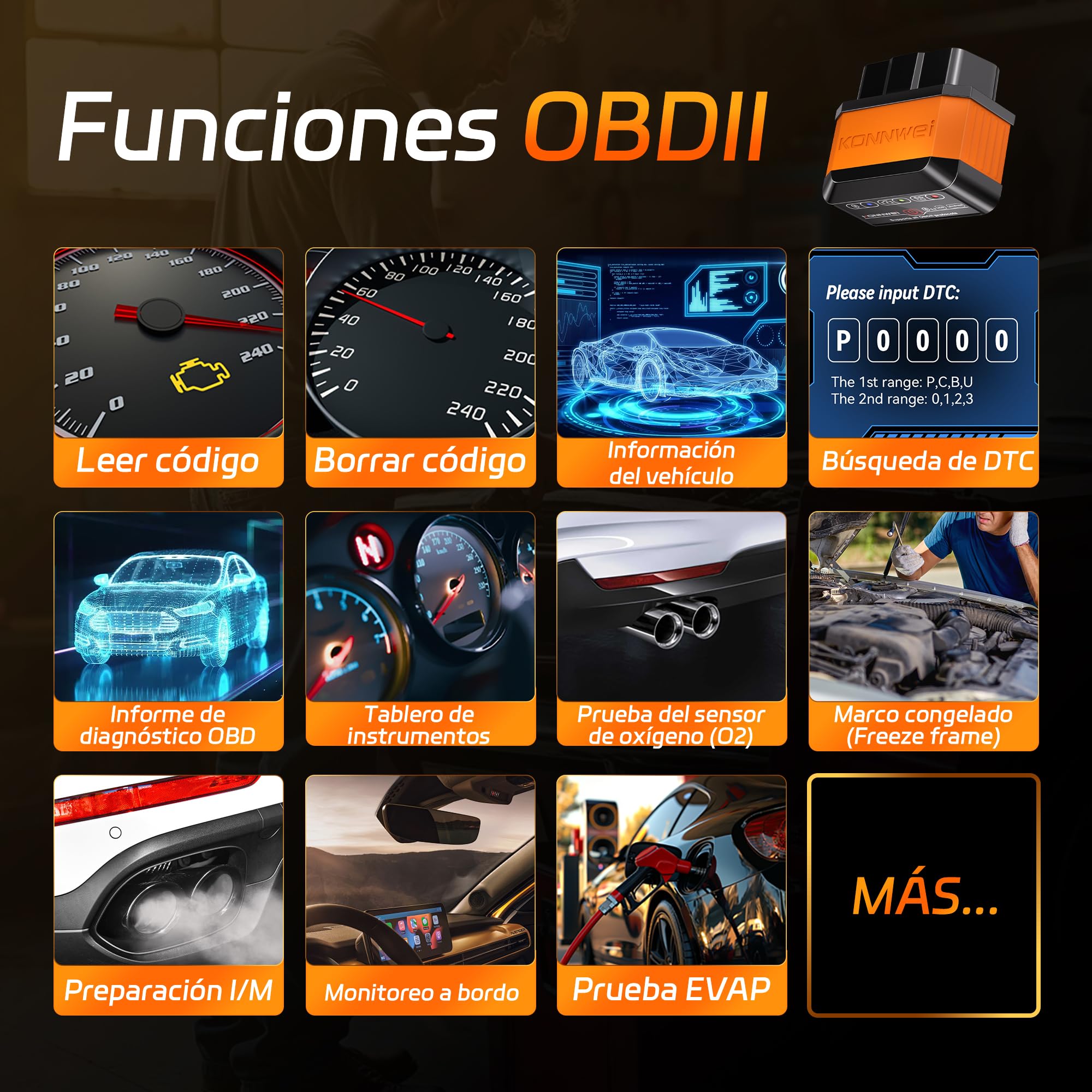 KONNWEI Dispositivo de Diagnóstico OBD2 Bluetooth, Lector y Escáner Inalámbrico de Códigos de Diagnóstico para Todos los Vehículos - Herramientas de Diagnóstico OBD-II para iOS, Android y Windows