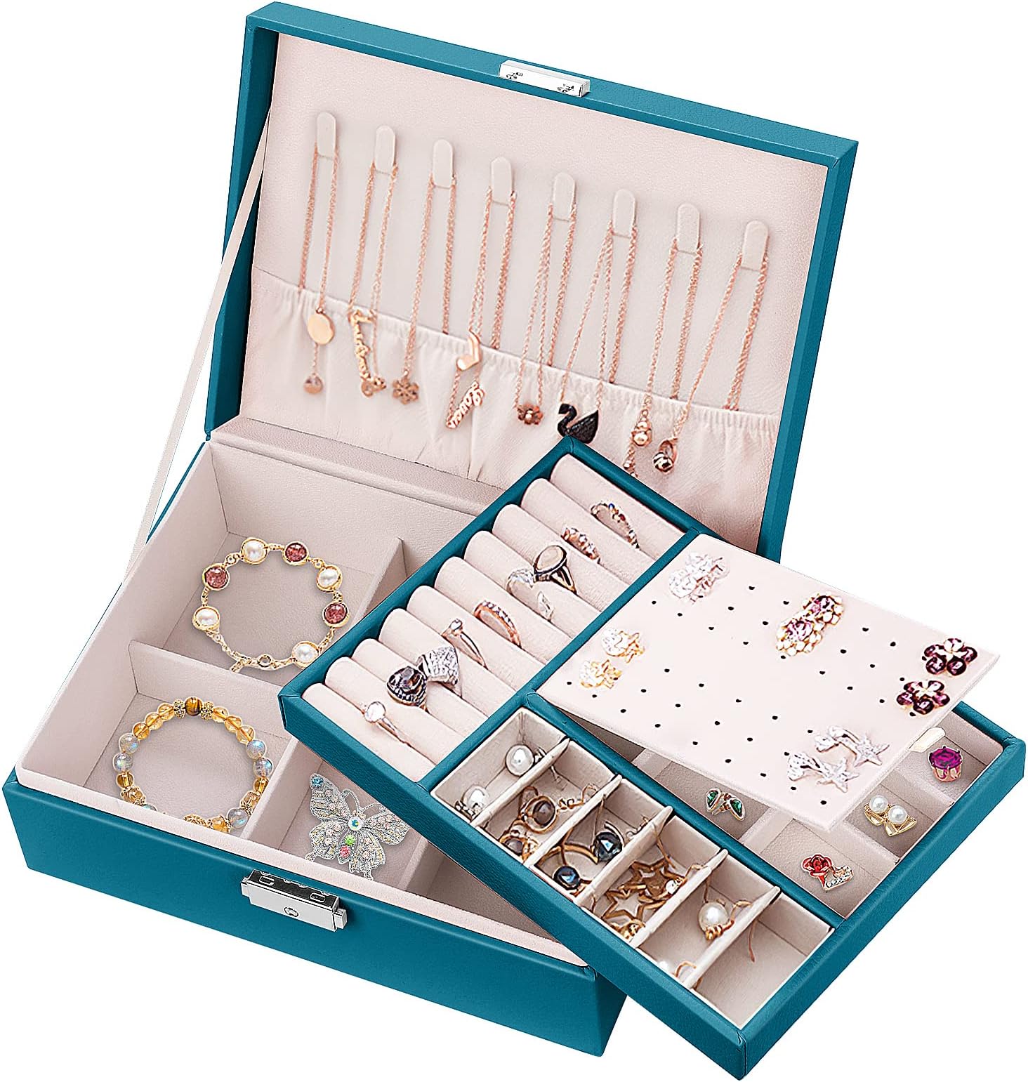 JanutsJanuts Jewellery Box Organiser for Girls Women PU Leather Travel Jewelry Storage Case 2 Layers Large Portable Lockable Jewellery Case with Removable Tray for Rings Earrings Necklace Bracelets, Green