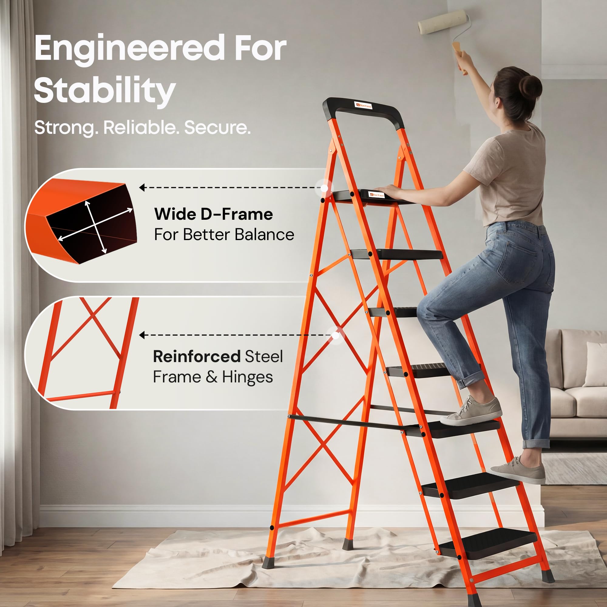 BonKaso Climb Easy 7 Step Foldable Steel Kitchen Ladder for Indoor & Outdoor use with Safety Clutch Lock, Anti-Slip Wide Durable Plastic Steps, Support Handle & Tool Tray (Orange & Black) — Amazon image 5
