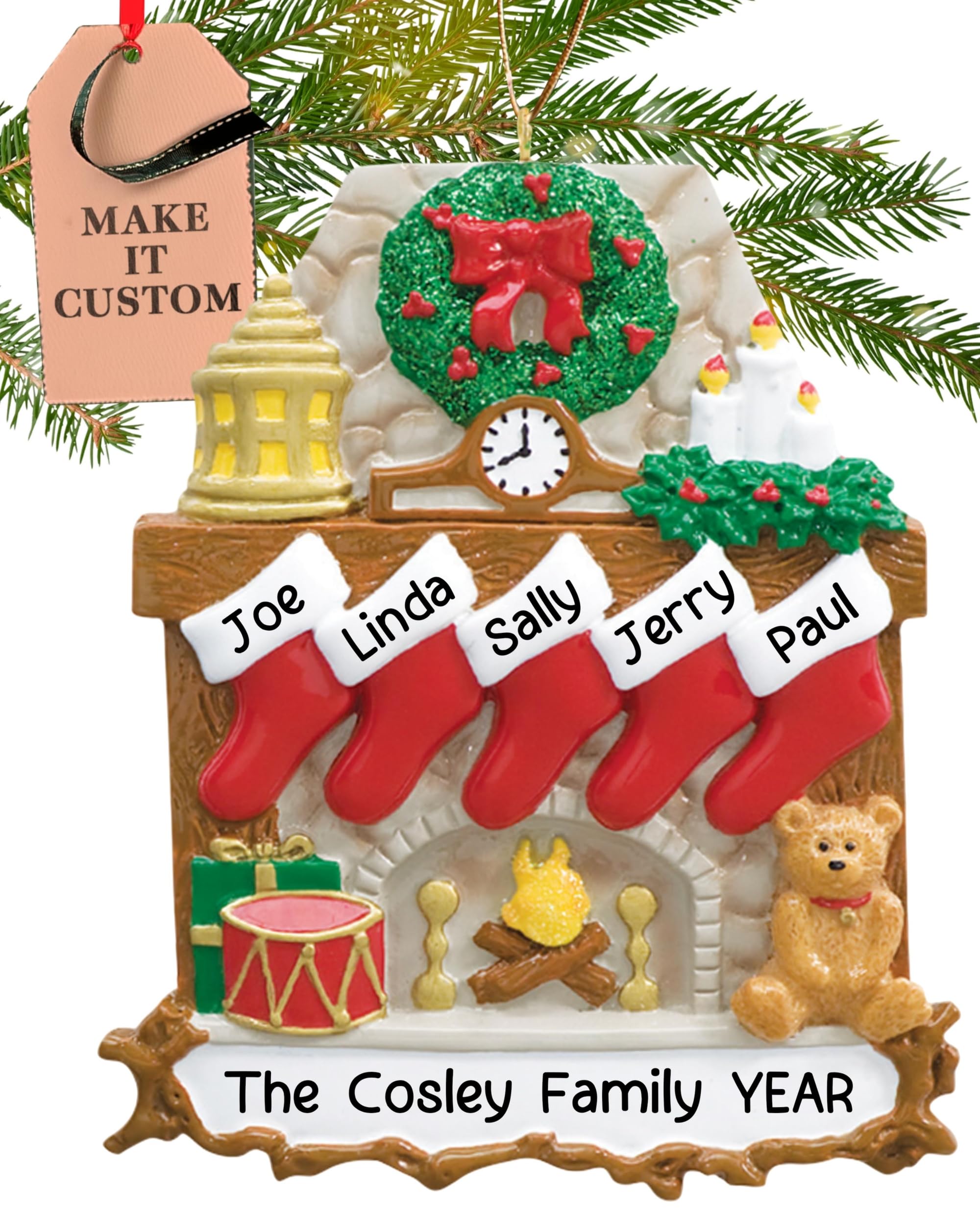 Holiday Traditions Multicolor Personalised Family Of 5 Ornament 2025 – Fast & Free 24H Customisation – Christmas Ornaments For Tree – Custom Gift Wrapped Traditional Fireplace With Stockings Keepsake For Five Persons