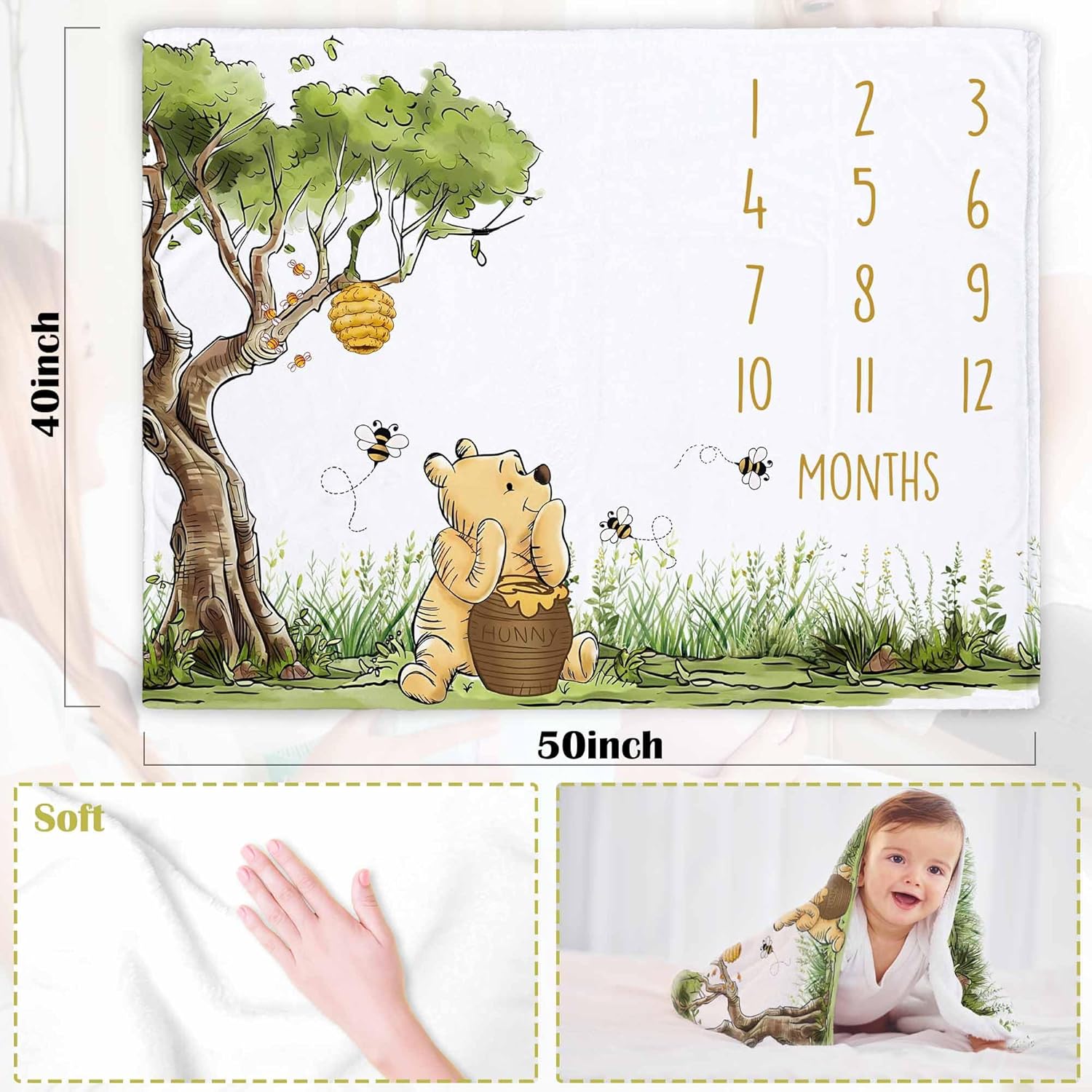 Classic Winnie Monthly Milestone Blanket, Soft Silk Touch Photo Background, Newborn Growth Mat Backdrop - with a Star Marker - Image 6