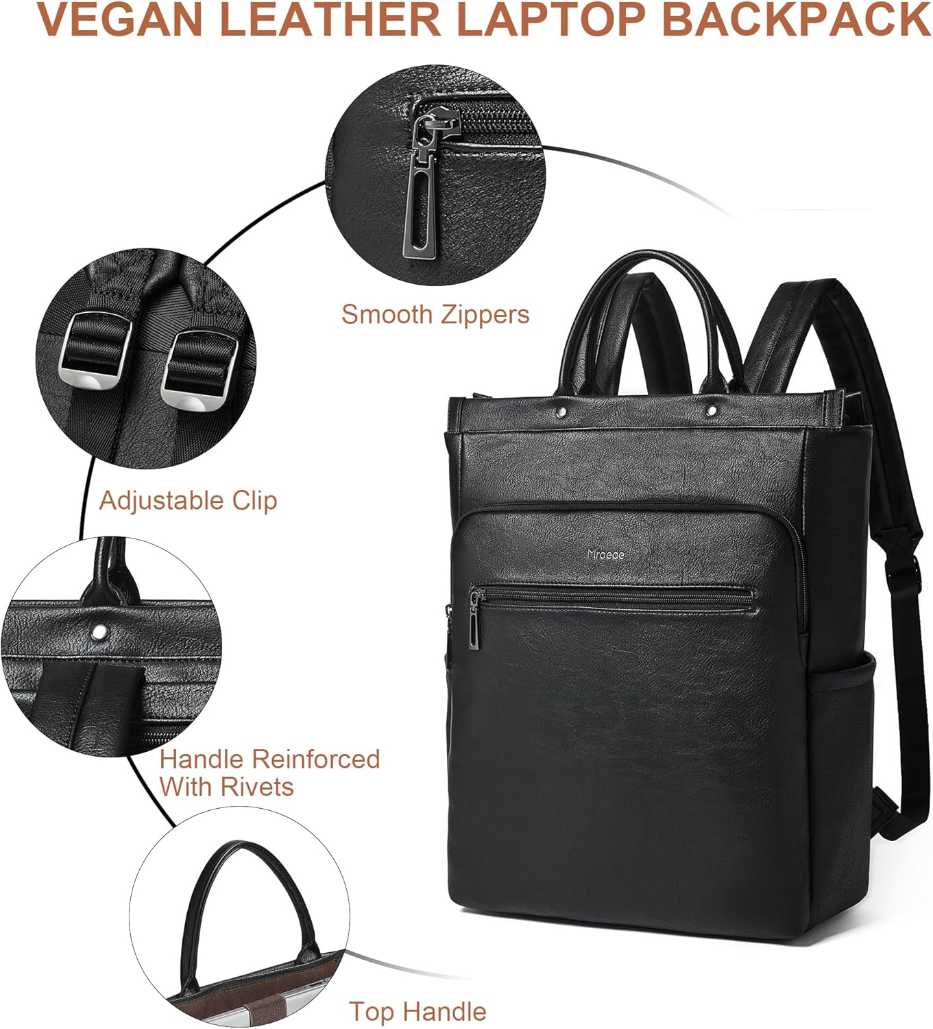 Leather Laptop Backpack for Women, Travel Backpack Purse Fits 15.6 Inch Laptop, Casual Daypack with Laptop Compartment for Teachers College Work Business Nurse Weekender, Black 2-1 Black image 3 of 7 B0F7KD2VZQ