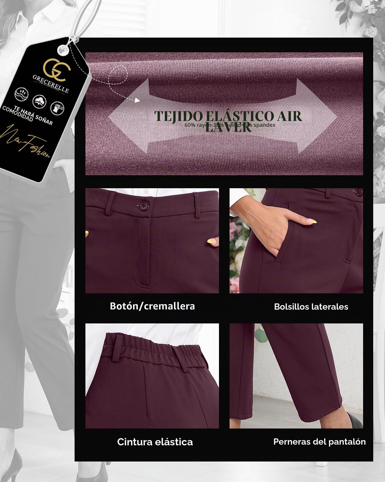 GRECERELLE Pantalones de trabajo para mujer, elegantes, elásticos, cintura alta, pierna recta, pantalones casuales de yoga para mujer, con bolsillos y cremallera