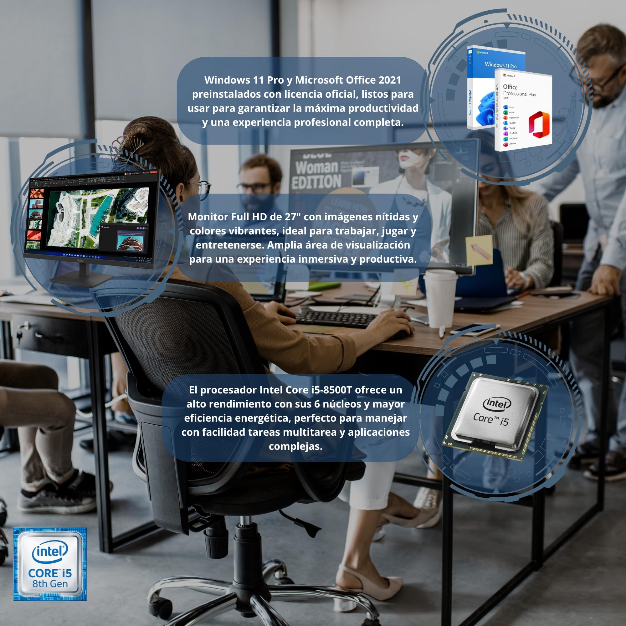 Lenovo Computadora Completa con Monitor 27" i5 8500 16GB RAM 1 Tera SSD Win 11 Pro Office 2021 Pro 36 Monate Garantie -c27-40