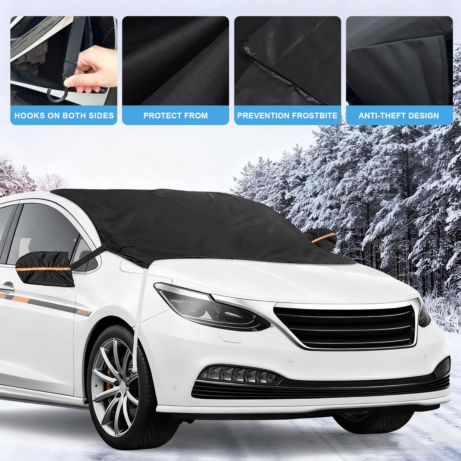 Copri Parabrezza Auto Universale In Tessuto Oxford 600D – Parasole Antighiaccio E Antineve Con 4 Cinghie Elastiche E Ganci, Protezione Estiva E Invernale