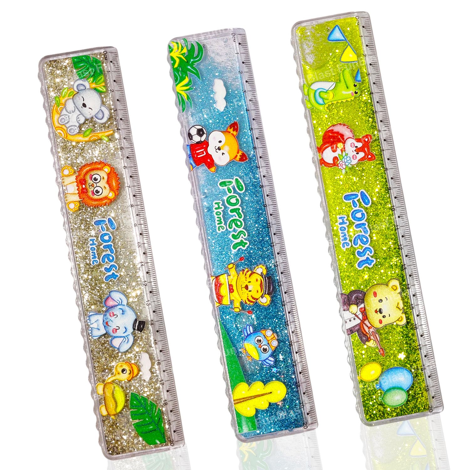 FunBlast Scale Ruler for Kids – Scale for Kids, Glitter Scales Ruler Set for Students, Stationary Gifts for Kid, Cute Kawaii Glitter Scales for School Stationery Items for Kid - 3 Pcs (Animals)