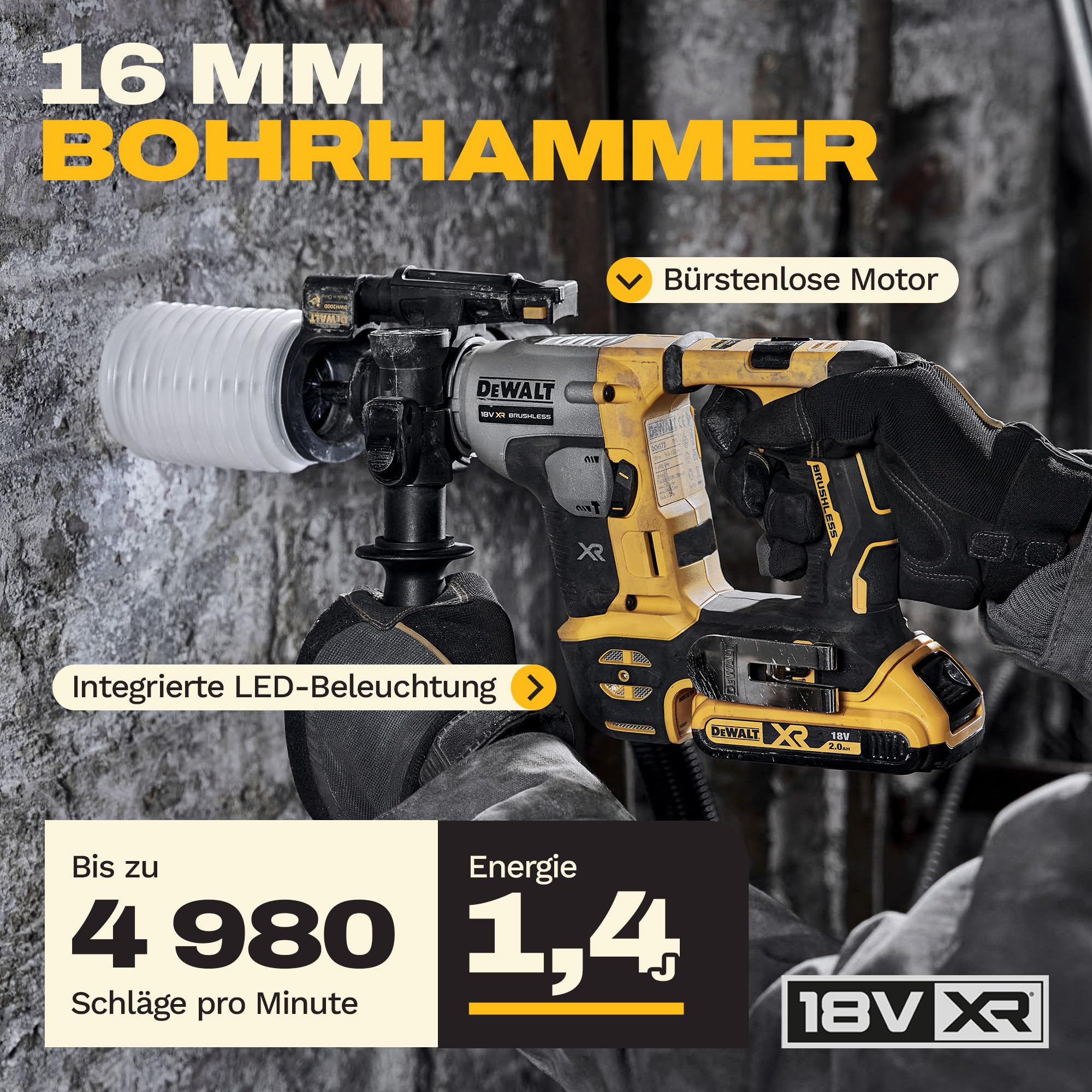 DEWALT 18-V-Schlagbohrmaschine XR SDS PLUS 16 mm, Nur Gerät, DCH172N-XJ