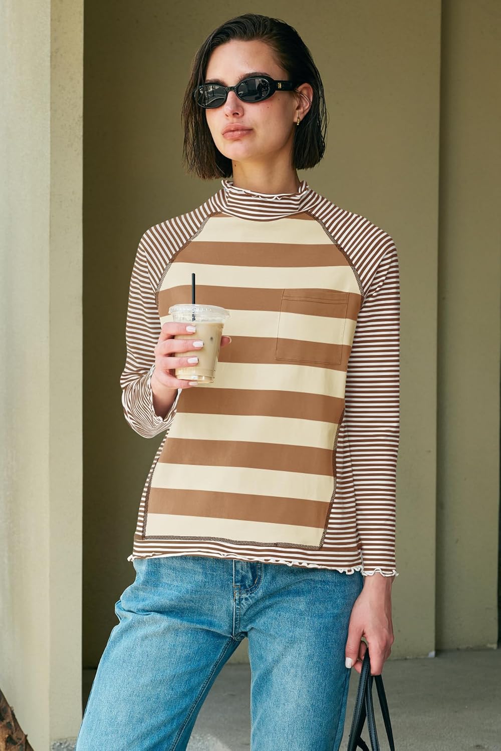 Panadila Womens Long Sleeve Striped Shirts Turtleneck Raglan Shirt Cute Color Block Tunic Tops Loose Pullover Top - Image 5