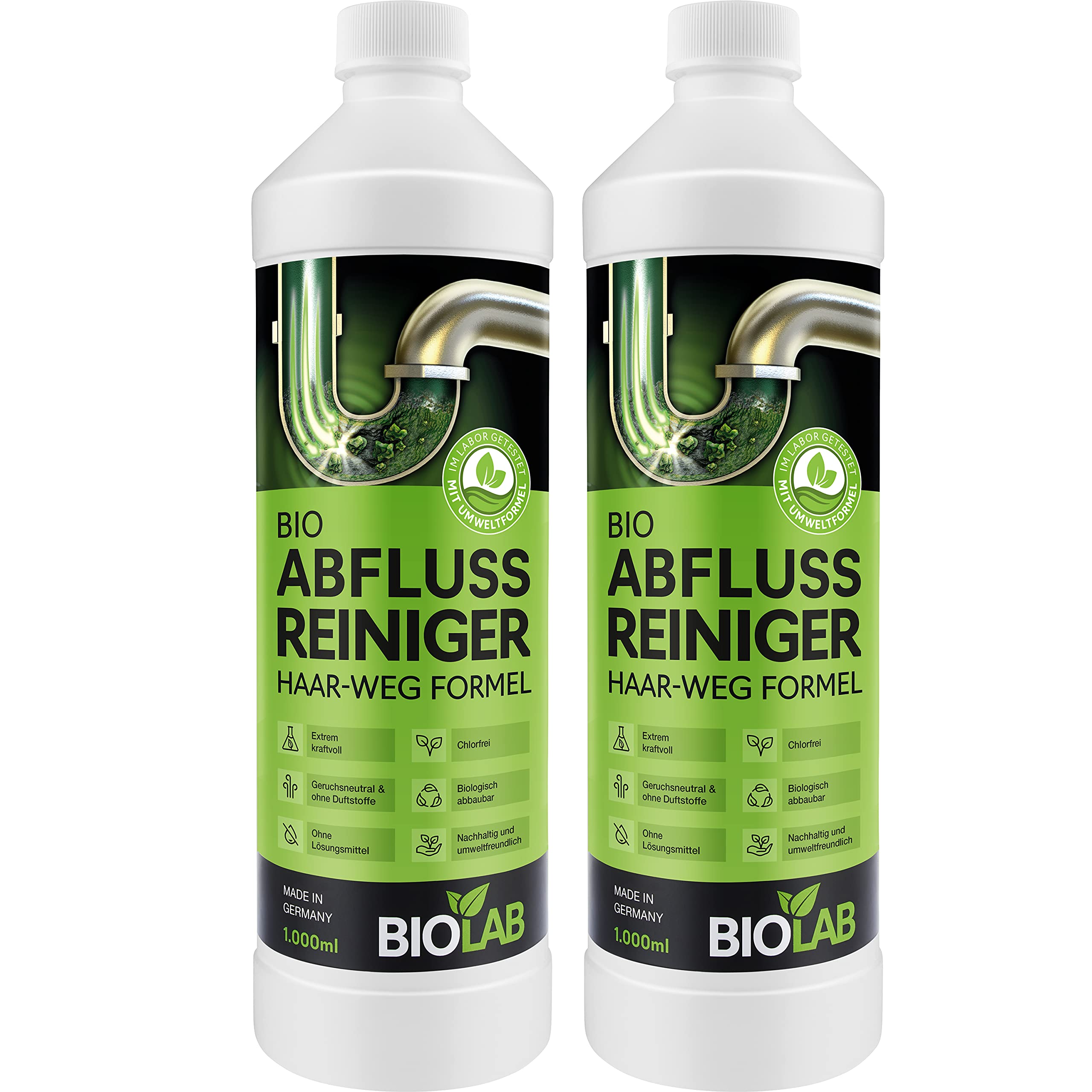 BIOLAB Abflussreiniger (2 x 1000 ml) Rohrreiniger mit Haarweg Formel – Extra Stark - Abflussfrei - Drain Free Abfluss Reiniger