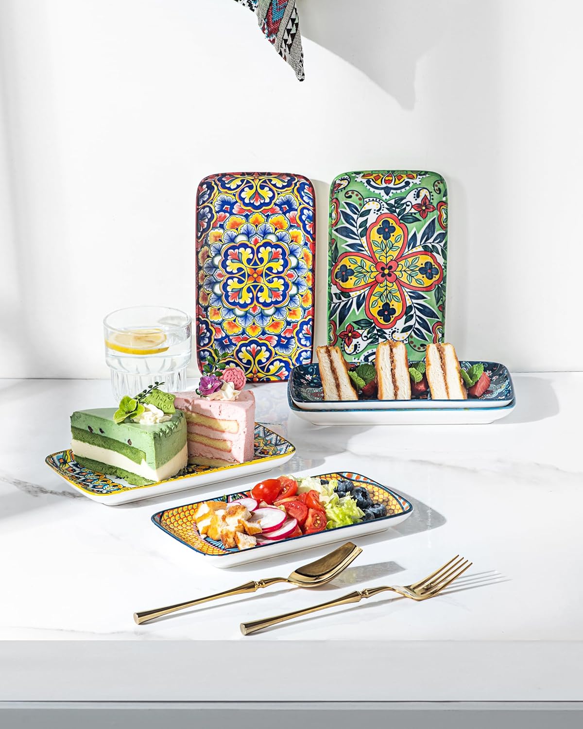 HENXFEN LEAD Ceramic Salad Plates 8 Inch – Rectangular Plates Set of 6 for Appetizer, Sushi & Dessert, Microwave & Dishwasher Safe