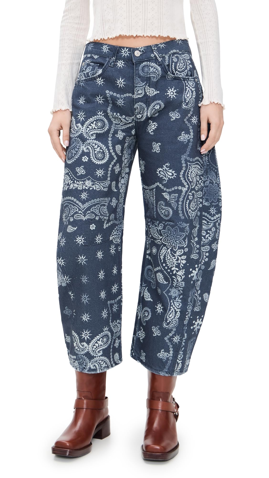 Free People Womens Good Luck Printed Barrel Jeans