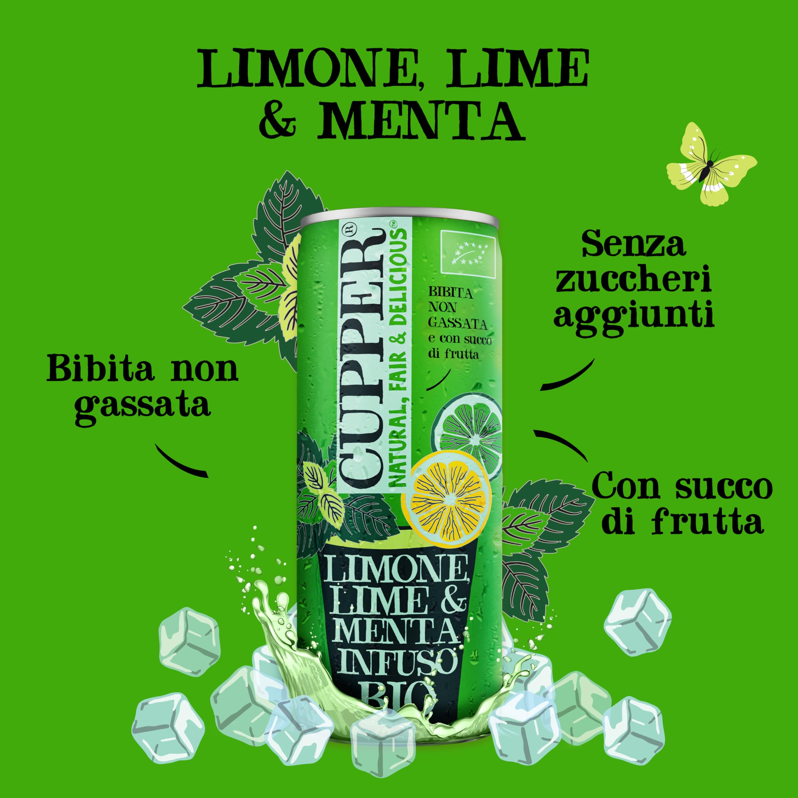 CUPPER Bibita al Lime, Menta e Limone Bio, Bevanda Biologica non gassata, Senza Zuccheri Aggiunti, Infuso a Freddo con Succo di Frutta, Confezione 12 x 250ml