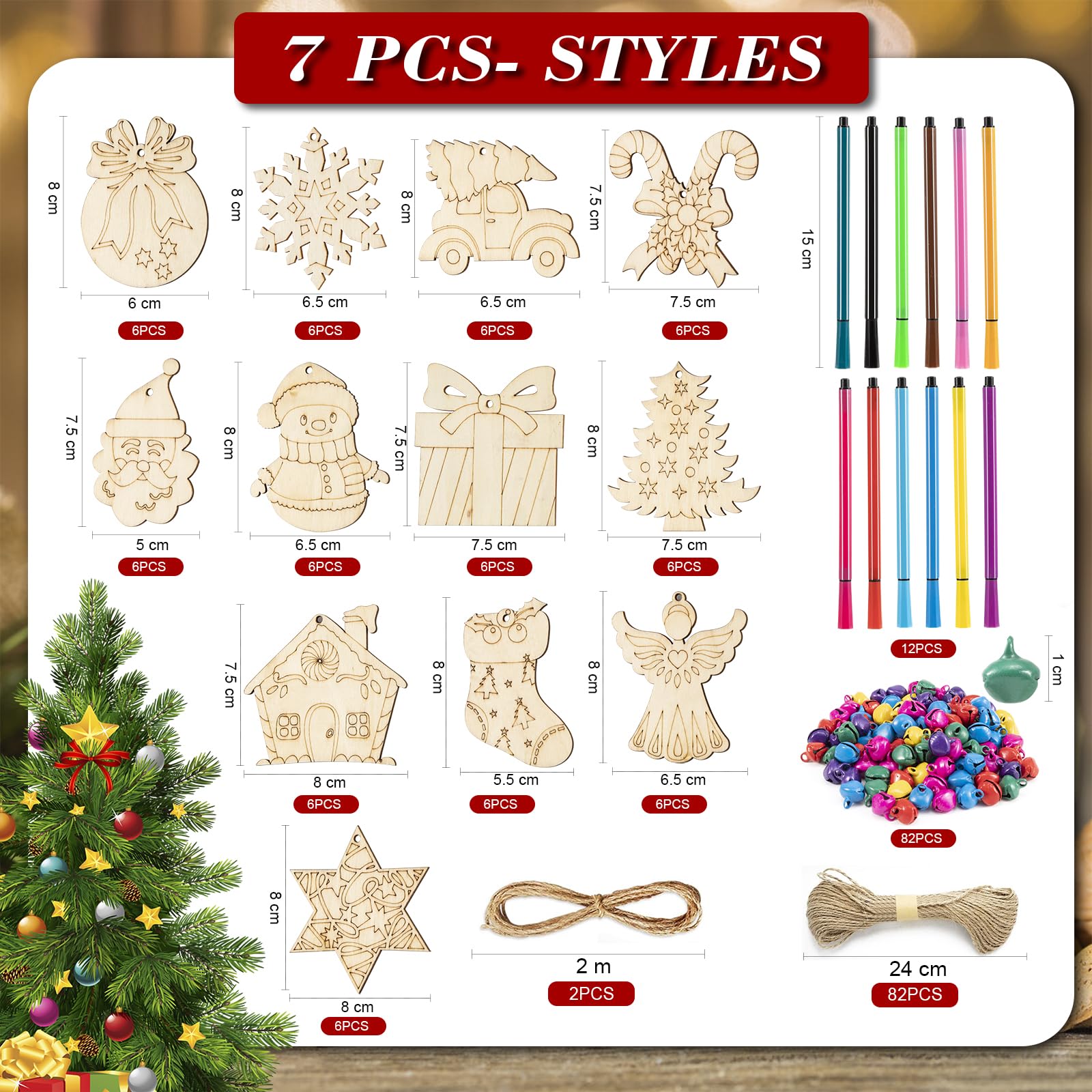 WEVOL 72 Pièces Décorations Sapin Noël Bois - 12 Styles Vintage DIY Avec Cordes Et Cloches
