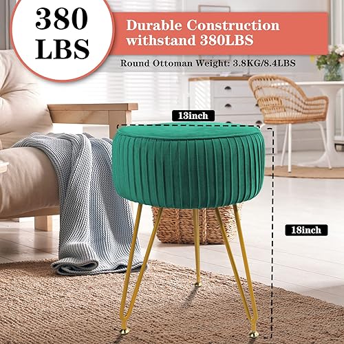Miniatura 5 de ECOMEX Otomana redonda de terciopelo con patas de metal, taburete otomano redondo plisado tapizado para maquillaje, taburete redondo de terciopelo