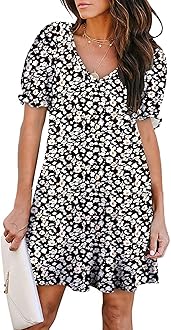 Aloodor Women's Casual Dresses Short Sleeve V-Neck Dress with Pockets