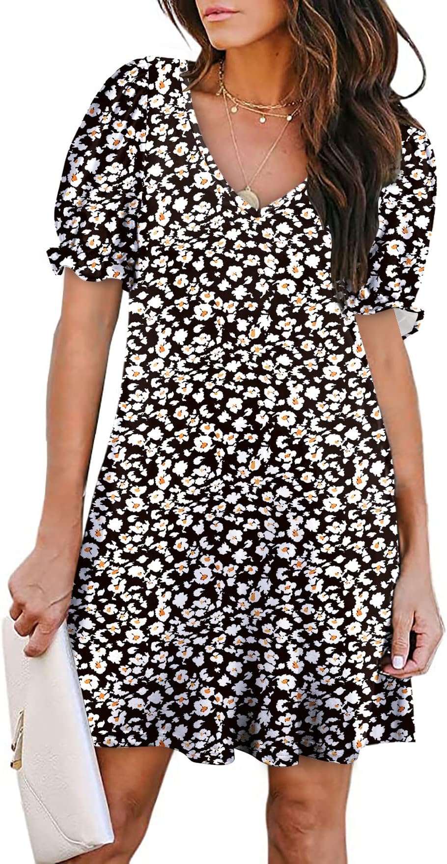 Aloodor Women's Casual Dresses Short Sleeve V-Neck Dress with Pockets