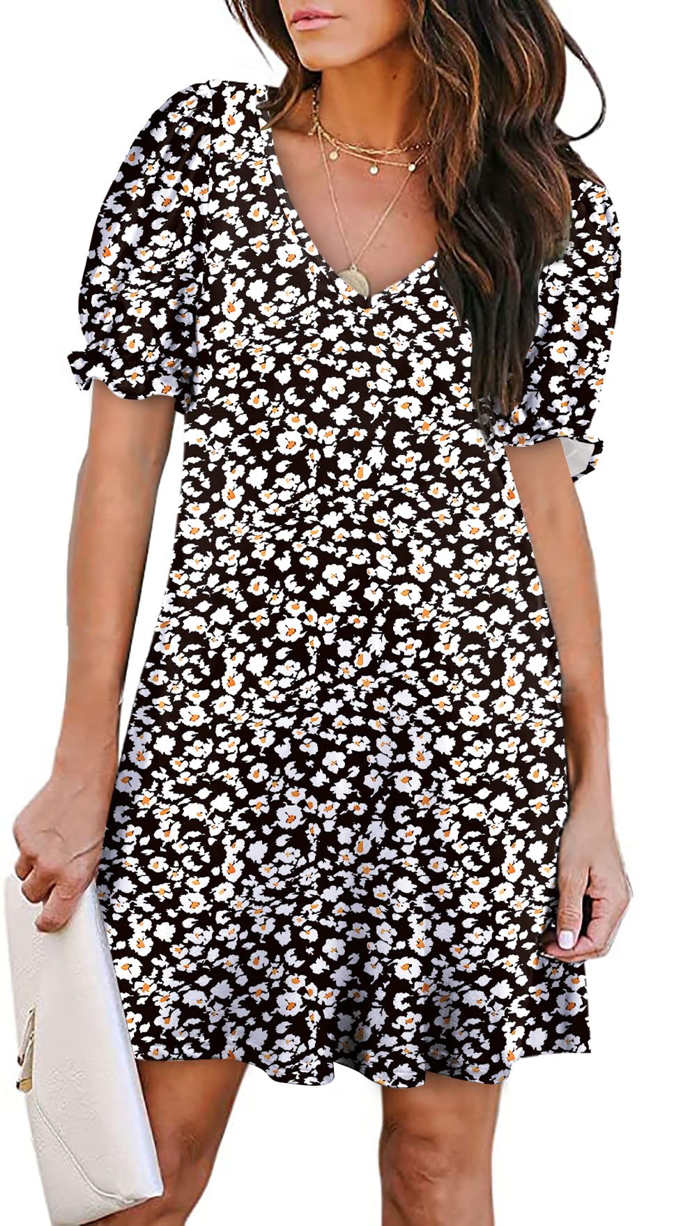 Aloodor Women's Casual Dresses Short Sleeve V-Neck Dress with Pockets