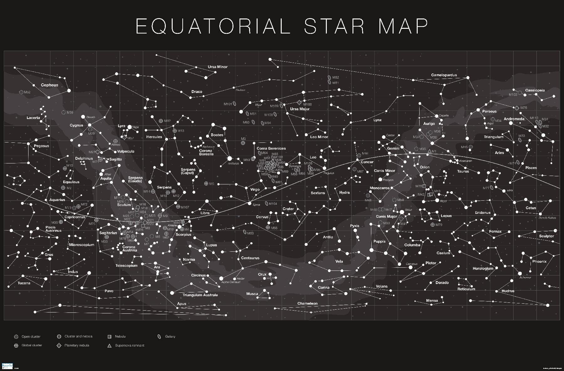 Astrology - Equatorial Star Map Wall Poster, 19L" x 13W", Premium Unframed Version