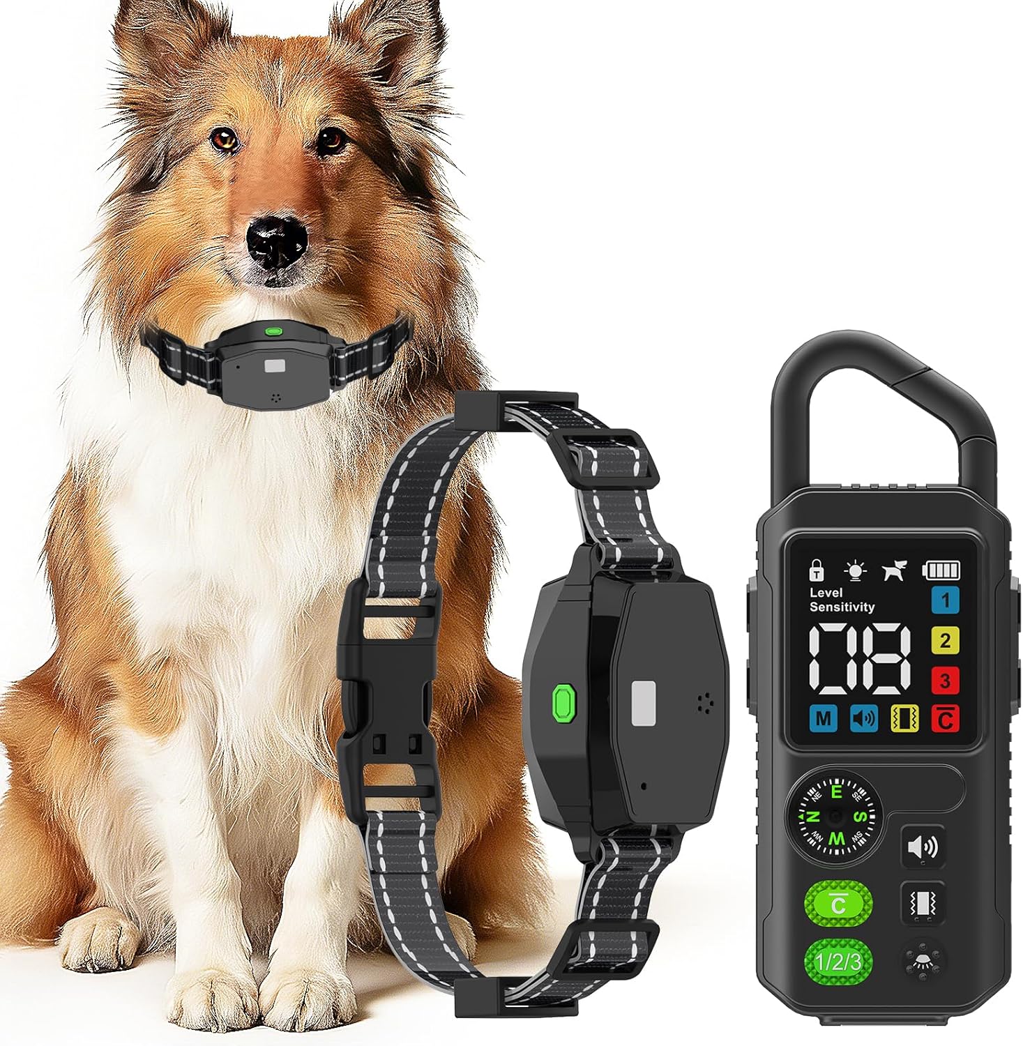 2-in-1 Dog Training Collar & Bark Collar, Safety Lock Remote, Adjustable Beep,Vibration & Shock,990ft Range, IPX7 Waterproof Dog Collar for 3 Dogs,Medium & Large,LED Light,Compass & Carabiner-1 Collar
